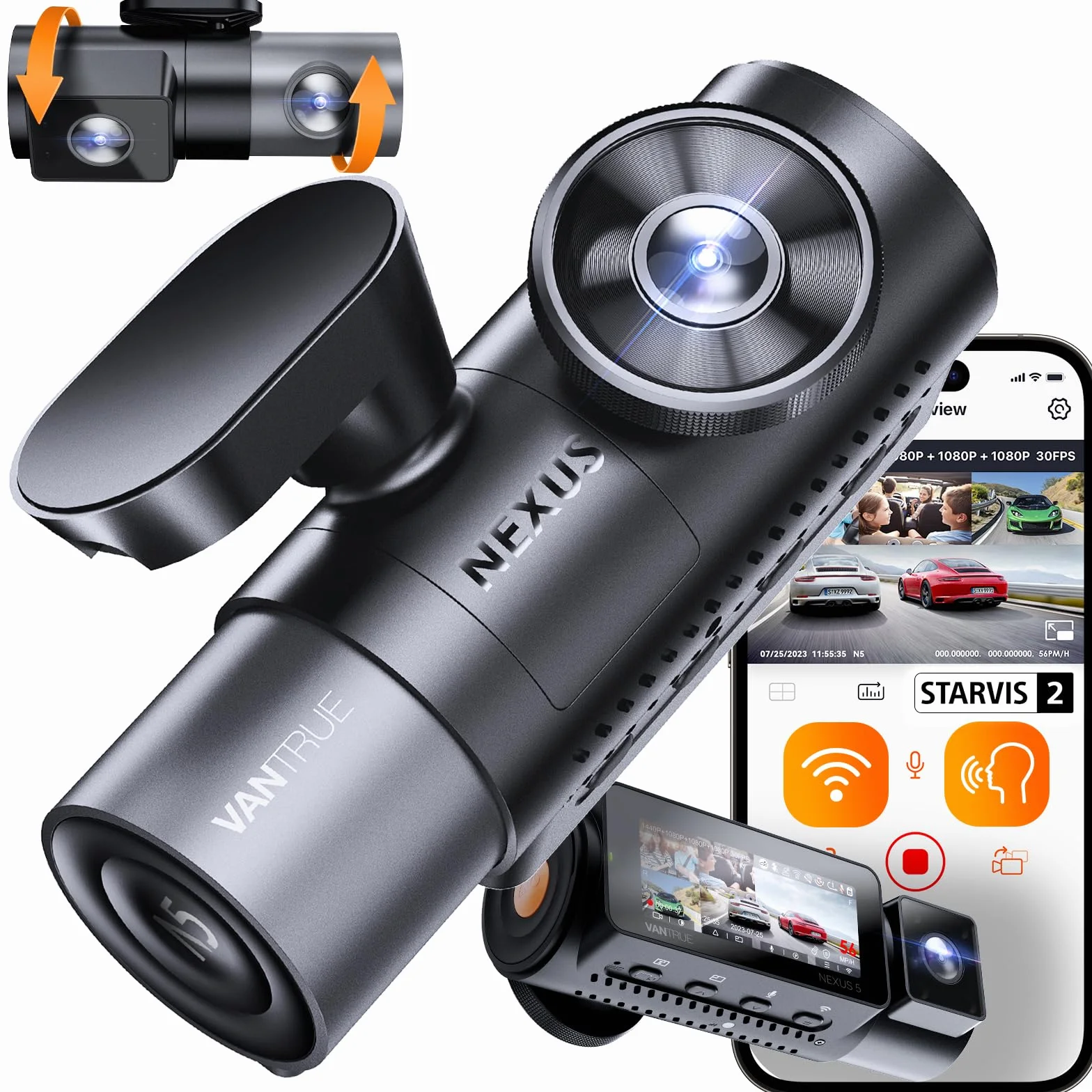 VANTRUE N5 4-Canali STARVIS 2 Dash Cam 5GHz WIFI GPS, 1944P/2.5K + Tripla 3HDR 1080P Telecamera per auto, Dashcam auto Controllo Vocale 24h. Modalità di Parcheggio Buffer, APP & 160°IPS Max 512G