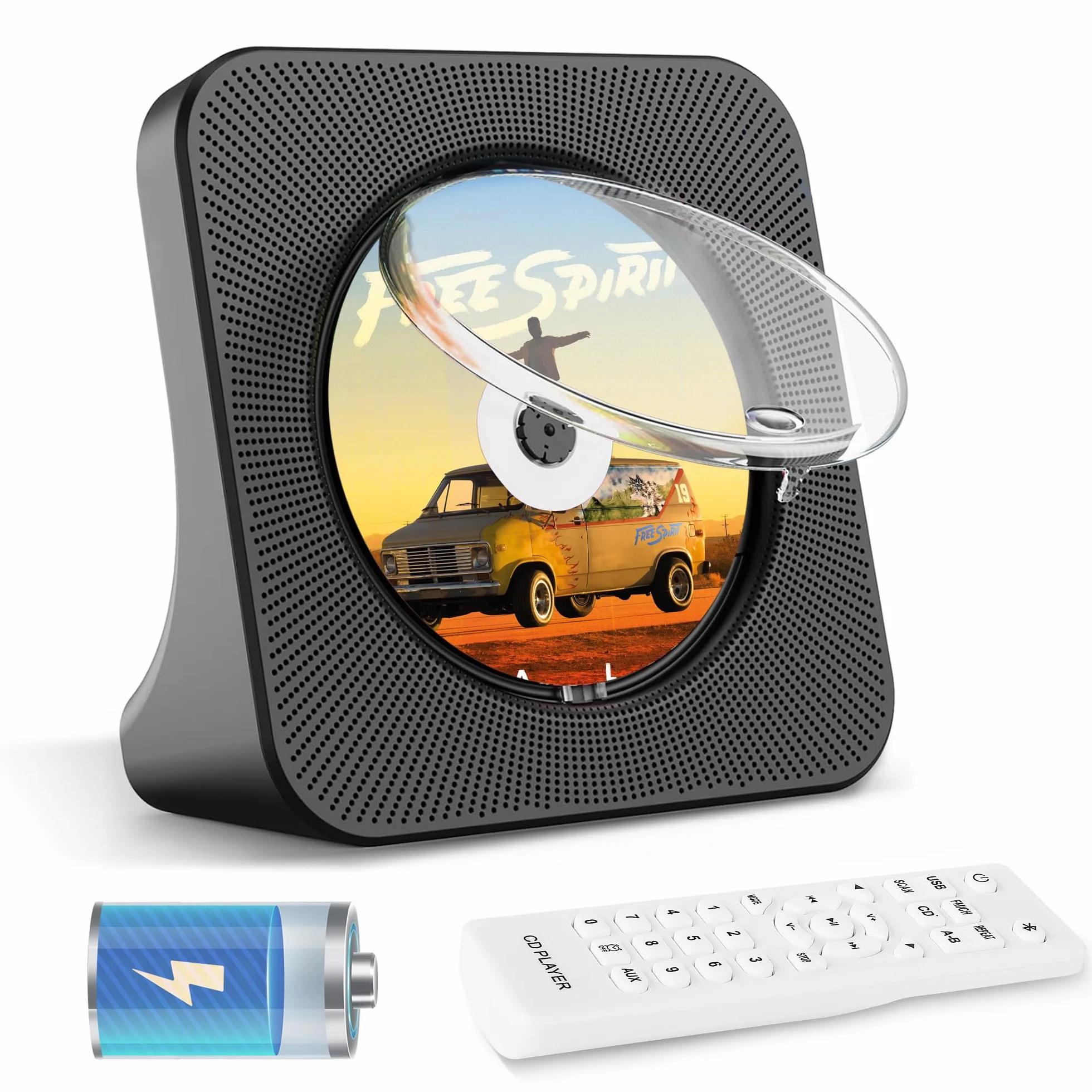 Lettore CD Portatile con Bluetooth, USB, AUX, Stereo Lettore CD Casa Ricaricabile con Copertura, HIFI Sterei per CDs（Nero）