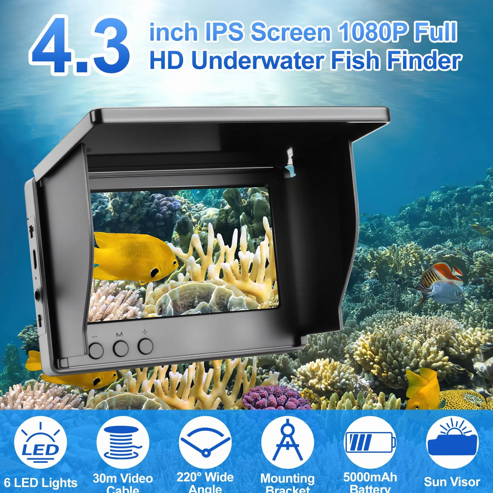 Underwater Fishing Camera, 5000mAh Battery Fish Finder Camera Waterproof with 4.3 Inch IPS Display and 30M Cable, 220° Wide Angle Night Vision for Ice, River and Boat Fishing