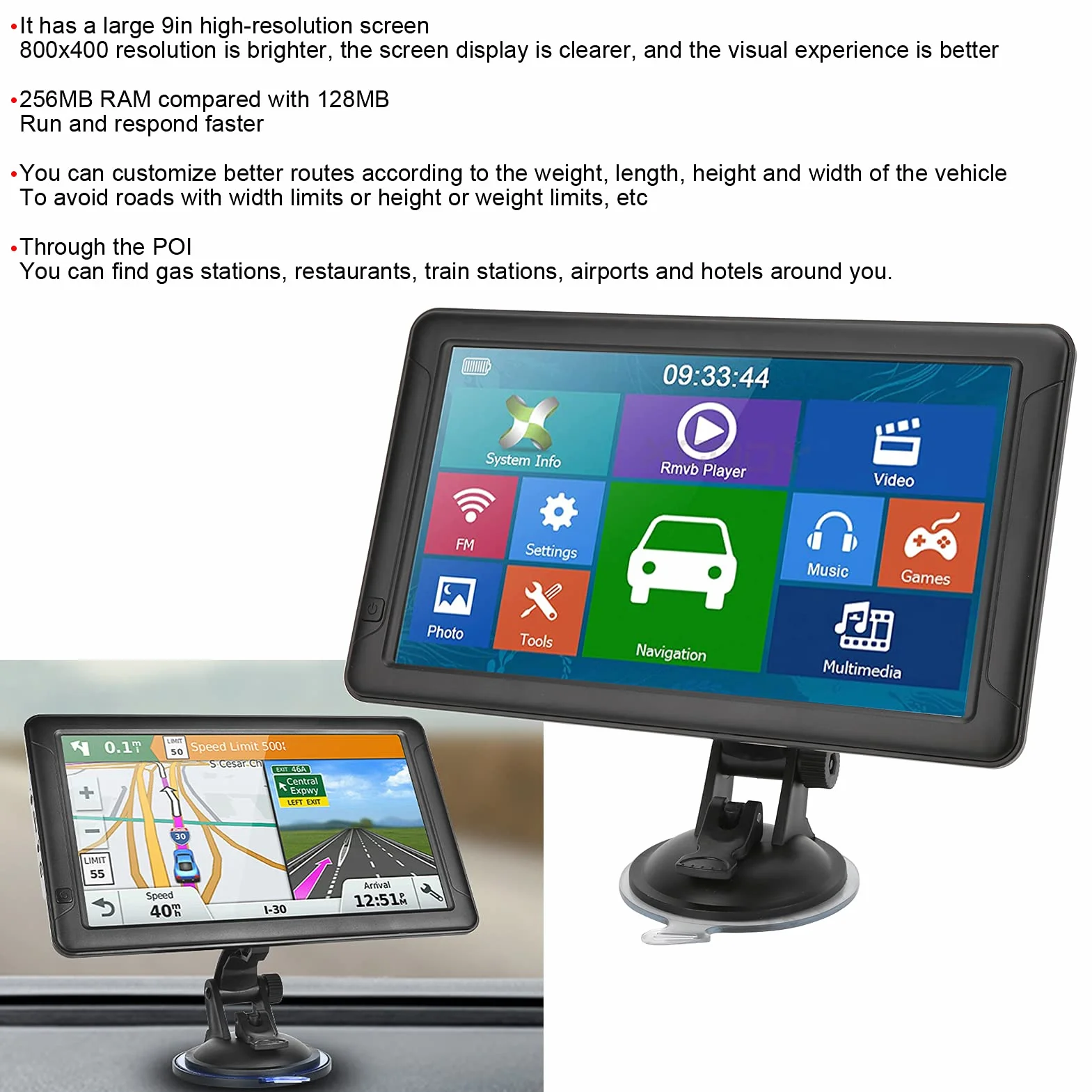 Shanrya Navigazione GPS touch screen, mappa America Navigazione GPS per auto Guida vocale da 9 pollici Memoria da 8 GB per camion
