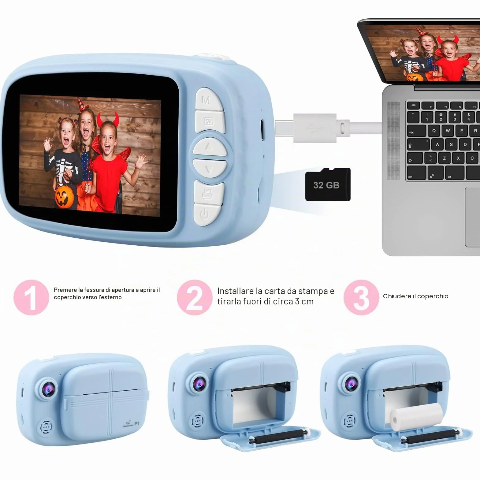 Fotocamera Istantanea per Bambini, 3.5 Pollici/1080P Digitale Macchina Fotografica Bambini con 32GB SD e 4 Rotolo di Carta, Fotocamere Istantanee Regalo per Ragazze Ragazzi dai 3-14 Anni (Blu)