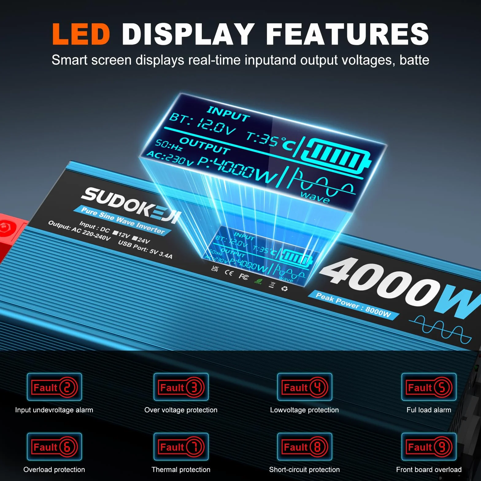 SUDOKEIJI Inverter 4000W Onda Sinusoidale Pura 12V a 230V Convertitore di Tensione con Telecomando Schermo LCD 2 Prese EU e 2 Porte USB per Camper Camion Campeggio Nautica