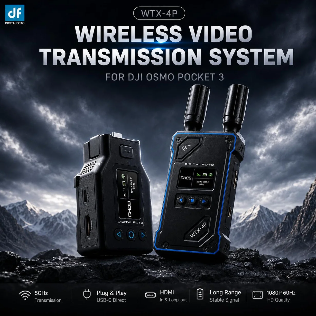 DF DIGITALFOTO WTX-4P Trasmettitore Ricevitore HDMI Wireless per DJI Osmo Pocket 3, Portata 500m, Bassa Latenza 0,05s, Uscita UVC & HDMI 1080P, Sistema Video con Mini Treppiede