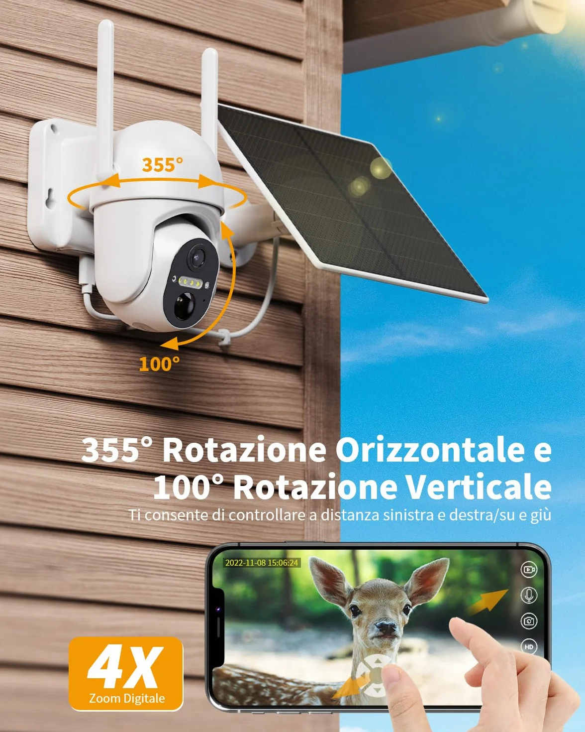 4G LTE Telecamera con SIM Scheda, 2K 360° PTZ Telecamera Senza Fili Esterno con Pannello Solare, Visione Notturna a Colori, Audio Bidirezionale, PIR Rilevamento Videocamera, IP66 (Senza WiFi)
