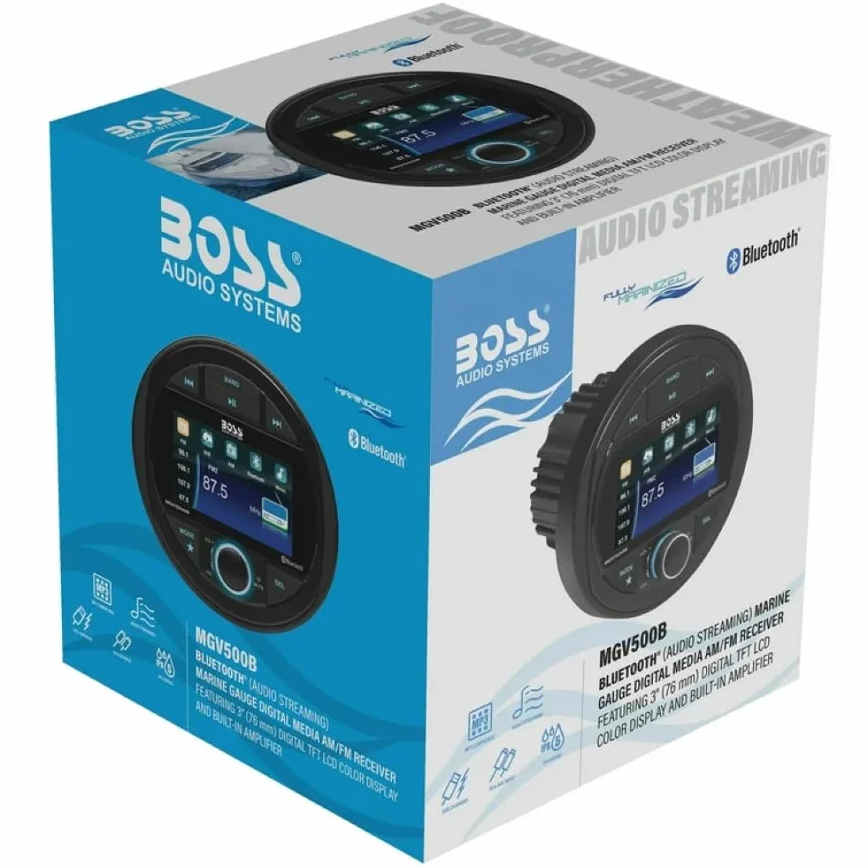 KIT SET PER BOSS AUDIO SYSTEMS MGV500B, 1 stereo marino ricevitore AM/FM, gauge digital media receiver, bluetooth integrato, waterproof, 1 pezzo + accessori