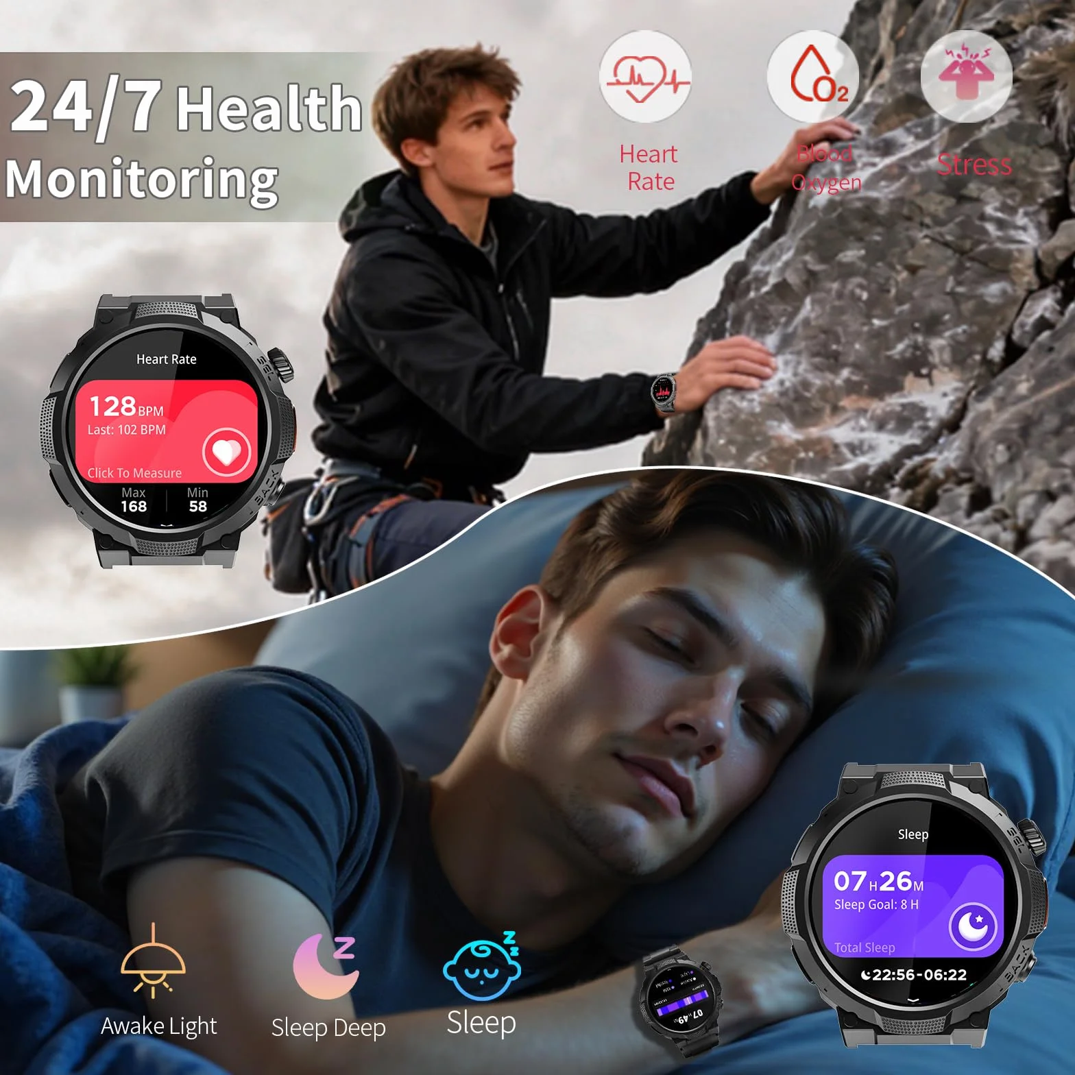 Smartwatch Uomo Militare, Orologio Smartwatch 1.43" con Chiamate Bluetooth, 100+ Modalità Sportive, Batteria 1000 mAh, Monitoraggio Sonno e Cardiofrequenzimetro, Torcia e Bussola per IOS/Android