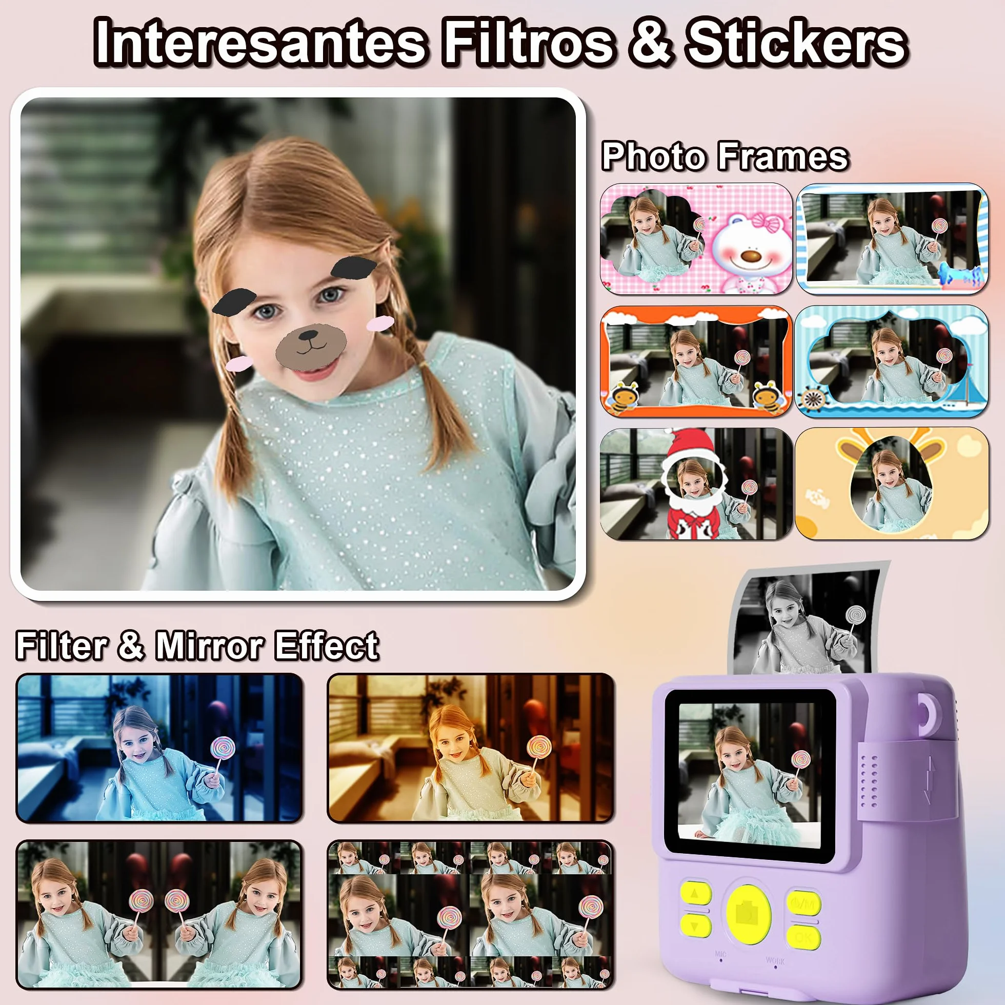 GKTZ Macchina Fotografica Bambini Istantanea - 1080P HD Digitale Fotocamera Stampa, Giocattolo con 32GB Scheda e 3 Rotoli di Carta Fotografica, Regali di Compleanno per Bambine di 4-12 Anni, Viola