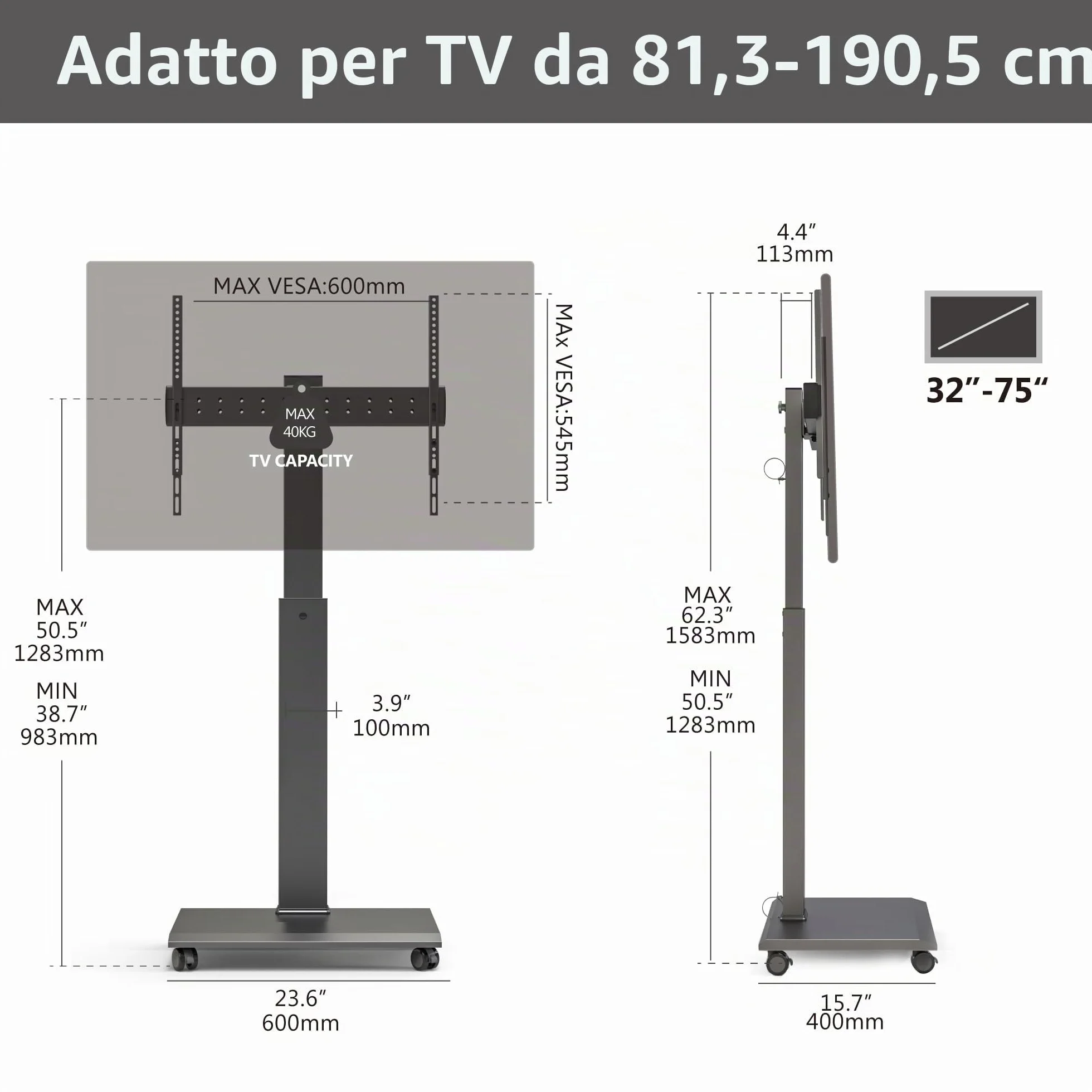 FITUEYES Carrello Porta TV con Ruote per 32-75 Pollici, Orizzontale e Verticale Supporto TV da Pavimento e Metallo Base, 40° Girevole & 7 Altezza Porta TV da Terra Max VESA 600x400mm Portata 40kg