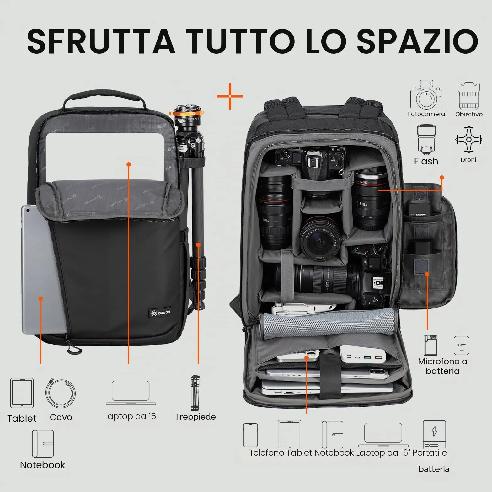 TARION Zaino Fotografico Grande Capacità: Zaino Impermeabile per Fotocamera Con Scomparto per Laptop da 16'' Borsa Fotografica Con Copertura Antipioggia TR-XL(Nero)