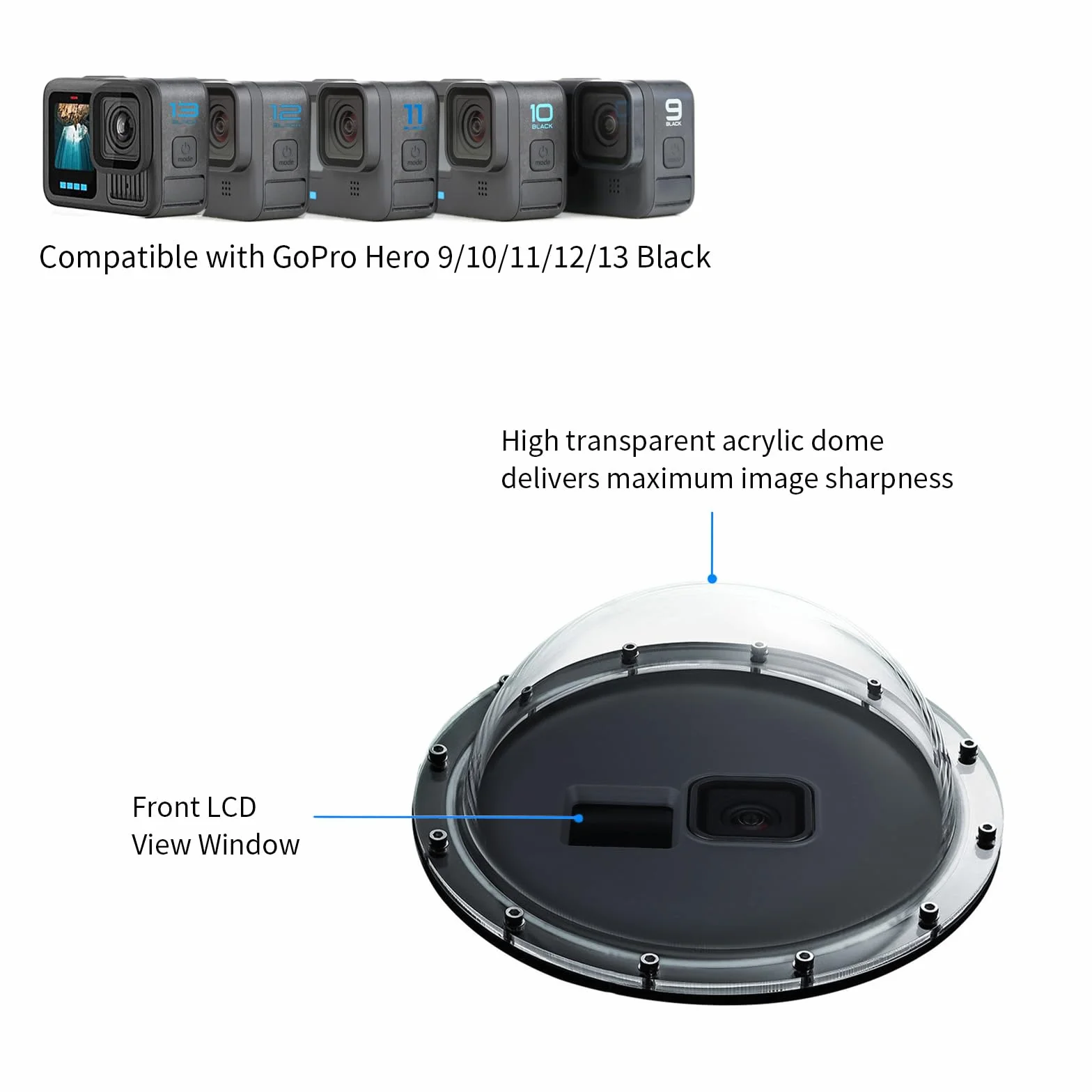 SOONSUN Dome Port per GoPro Hero 12 11 10 9 Nero 45 M Impermeabile Dome Port Lens con Custodia per GoPro Hero 9 10 11 12 Nero Fotocamera Subacquea Photograhpy Accessori