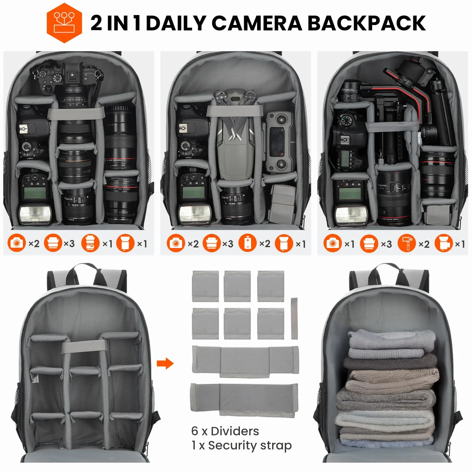 TARION Zaino per fotocamera, piccolo specchio, impermeabile, per fotocamera, leggero e compatto, con custodia antipioggia, Tb-m, grigio, m, Rucksack