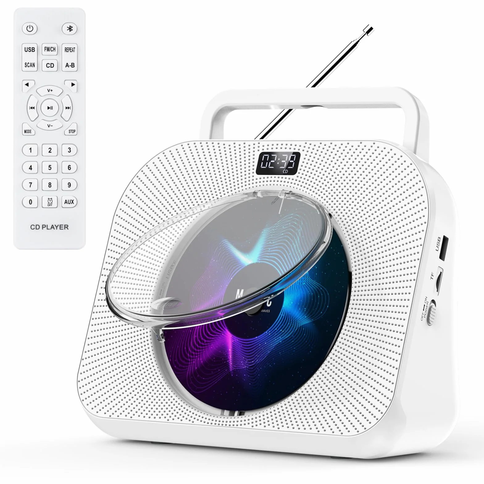 Gueray Lettore CD hifi Lettore CD Bluetooth stereo cd con Altoparlante Copertura Antipolvere Telecomando Musica addormentata e Timer Radio FM Riproduzione USB Schede TF 3,5 mm AUX