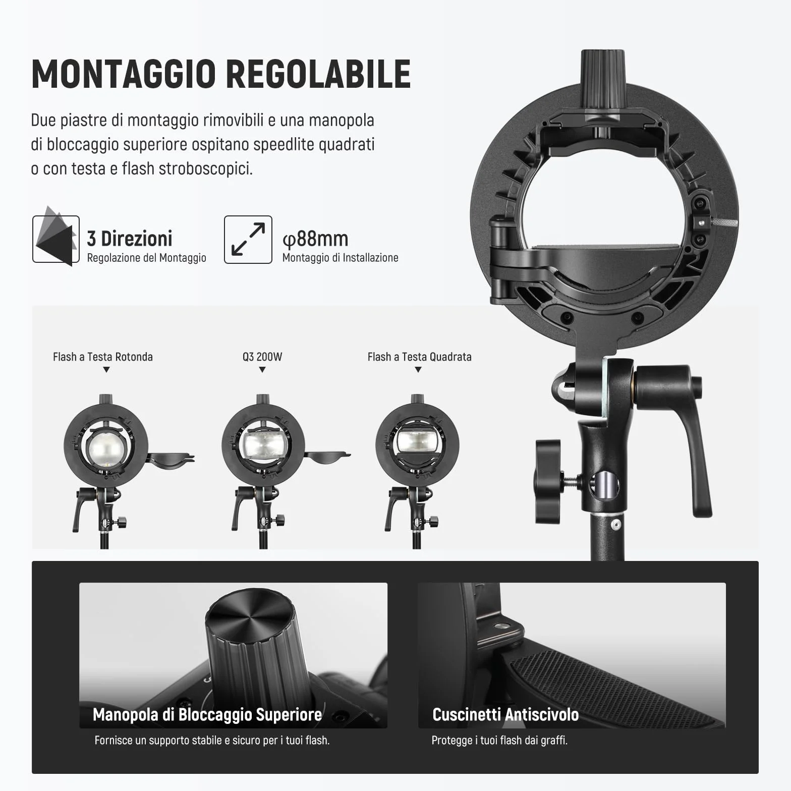 NEEWER CRB1 Supporto a Staffa Tipo S con Attacco Bowens e Foro per Ombrello per Flash Speedlite a Testa Quadrata/Rotonda Z2 Z1 Z760 NW760 NW700 TT560 Q3, Compatibile con Godox AD200Pro V1