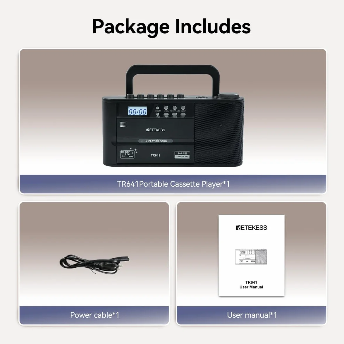 Retekess TR641 Lettore di Cassette Radio Portatile FM AM USB TF Wireless