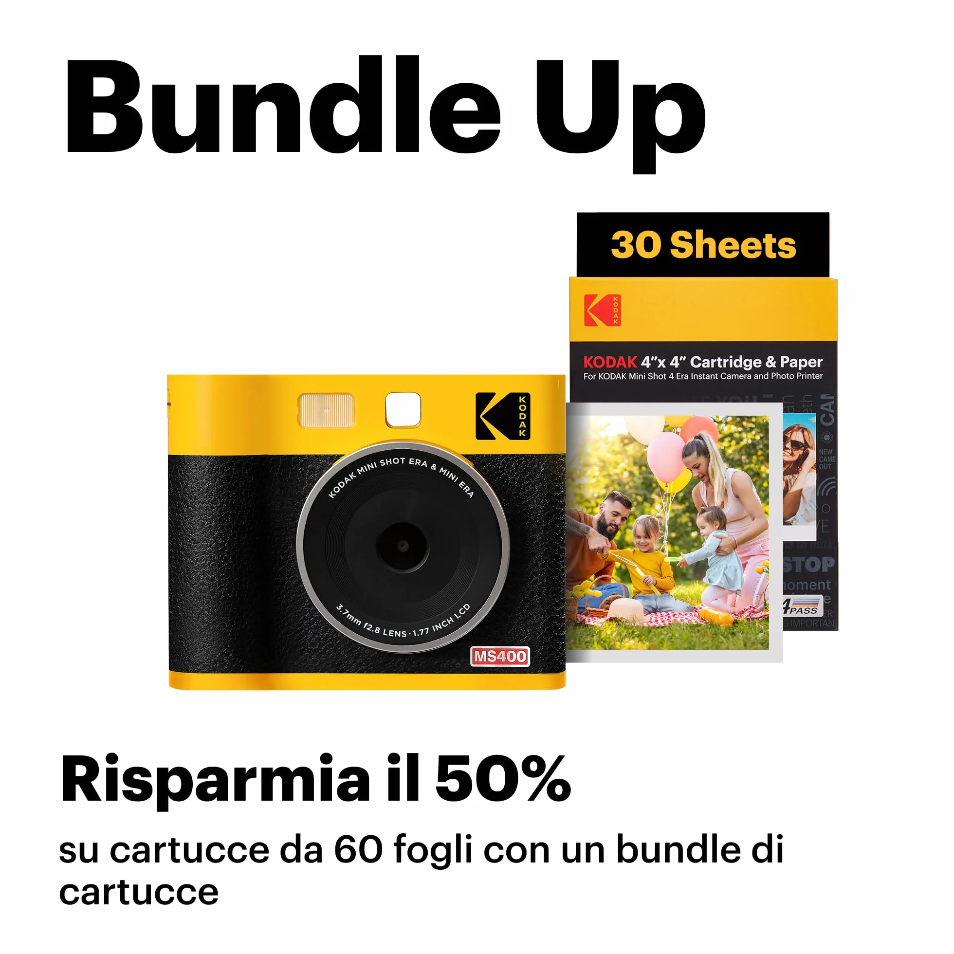 KODAK Mini Shot 4 ERA Weihnachtsgeschenke 4PASS 2-in-1 Sofortbildkamera und Fotodrucker (10x10cm) Sofortbildkamera + 10 Blatt im Lieferumfang enthalten + 60-Blatt-Patrone, Gelb