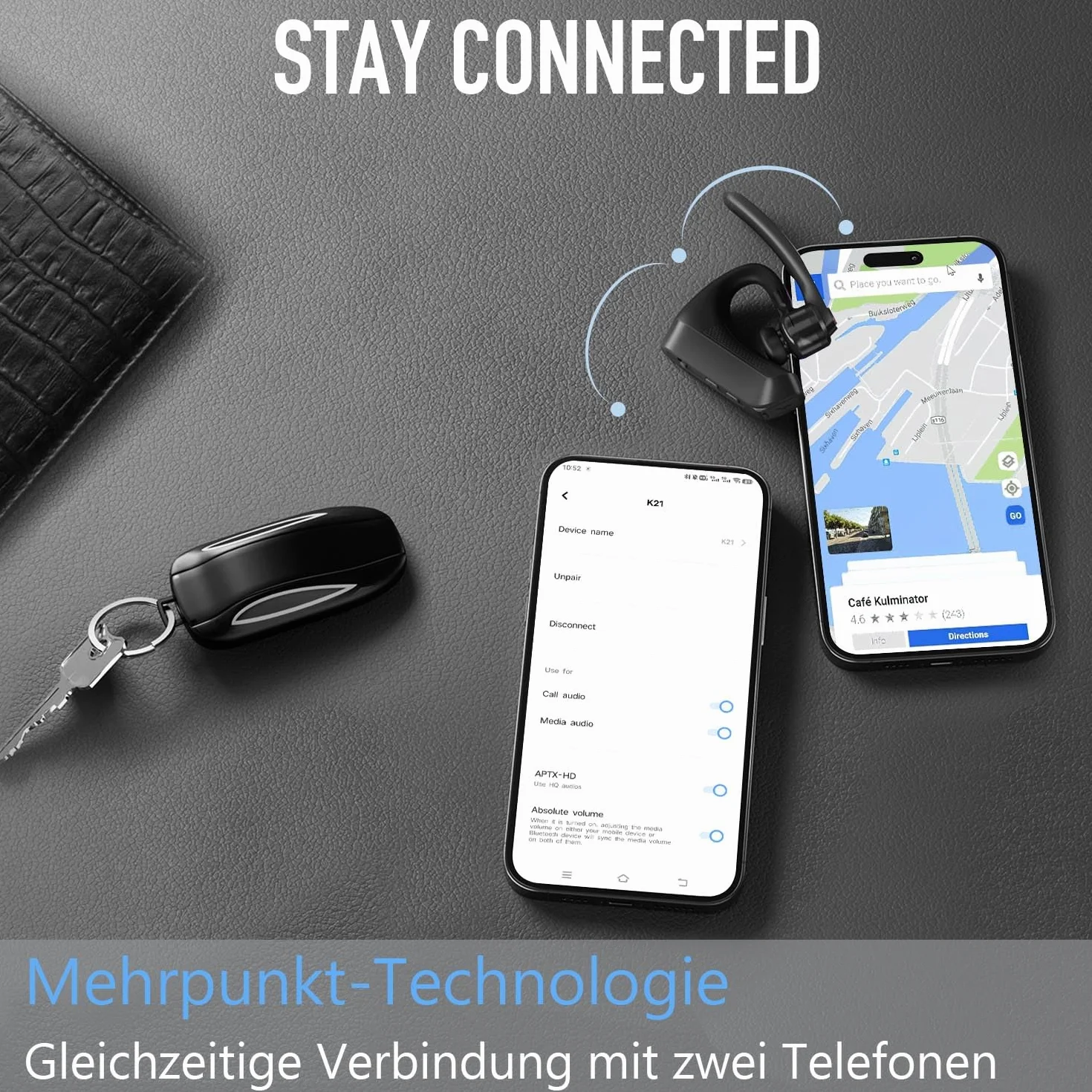 Conambo Auricolare Bluetooth senza fili V5.２, K10C Auricolare Bluetooth monofonico con cancellazione del rumore CVC 8.0 e ENC per la guida e il lavoro, 16 ore di conversazione