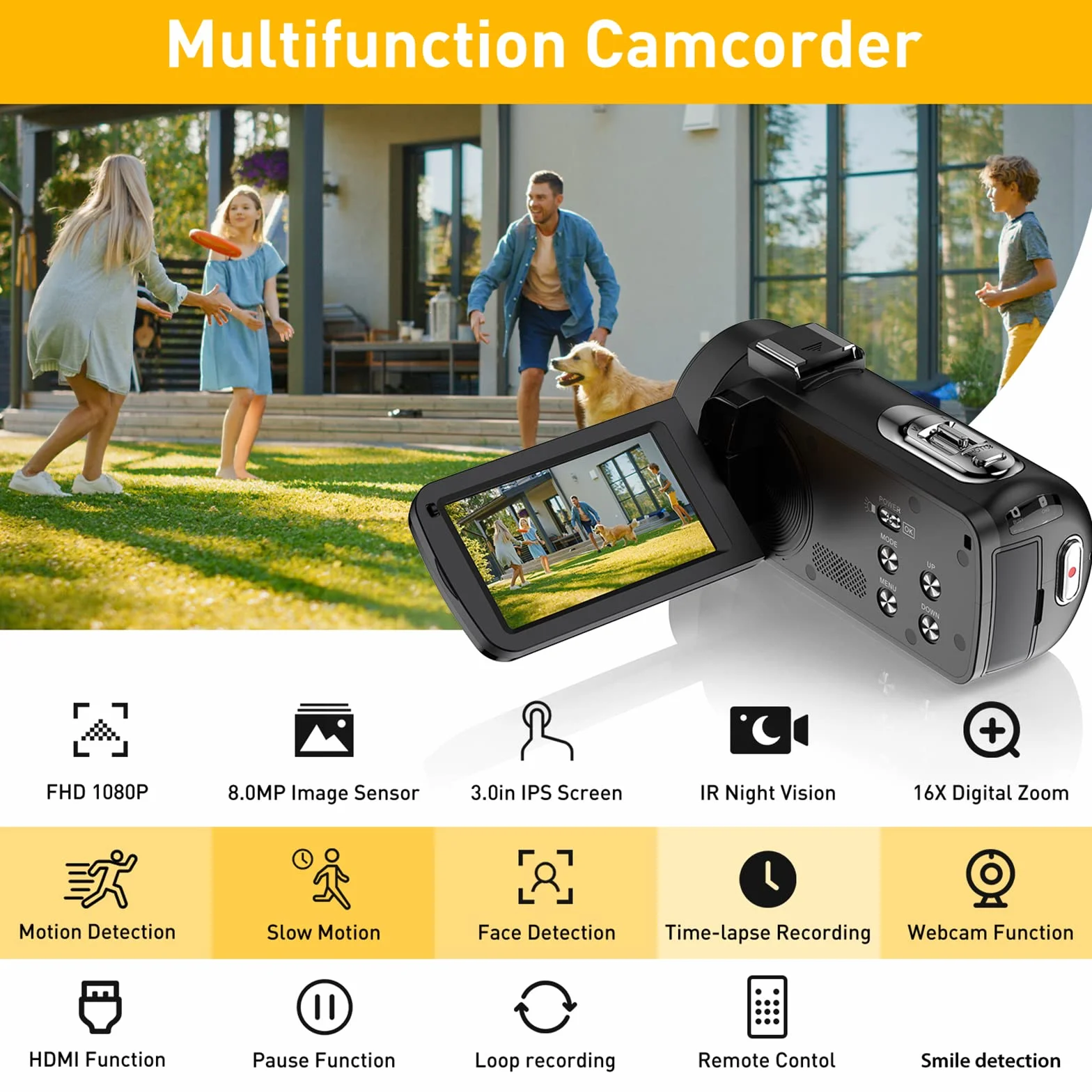 Videocamera Digitale FHD 1080P Camcorder 30FPS Vlogging Camera per Youtube 16X Zoom Digitale e IR Visione Notturna 3.0" IPS Schermo Videocamera Camcorder con 2 Batterie e Telecomando
