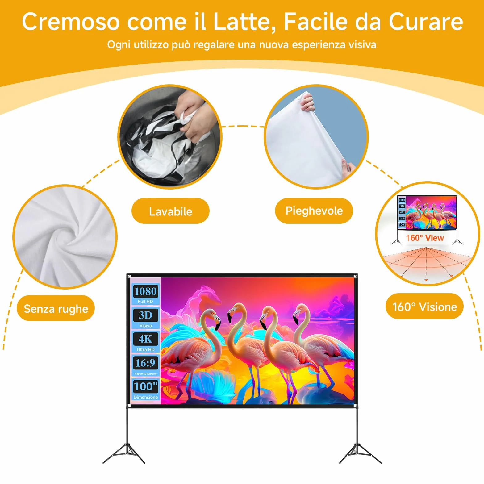 VISULAPEX Schermo Proiettore con Treppiede, 100 Pollici Telo Proiettore Portatile, 16:9, 4K HD Pieghevole per Proiettore con Borsa per il Trasporto per Interni ed Esterni, Home Cinema, Giardino