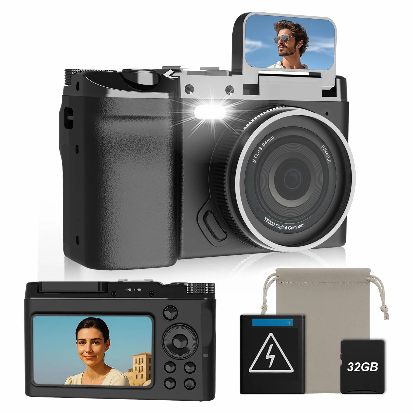 Fotocamera digitale 4K 64 MP, fotocamera compatta retrò con doppio schermo e flash, batteria a lunga durata, zoom 16x, fotocamera per vlogging con diverse modalità (scheda SD da 32 GB)