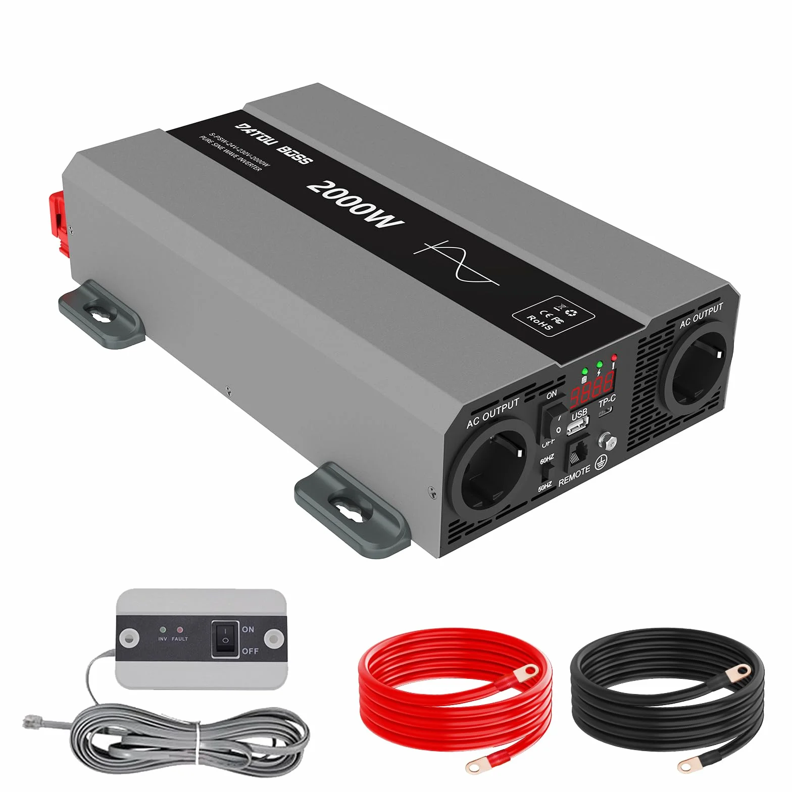 DATOUBOSS Inverter 24V 220V 2000W Onda Pura(Picco 4000W), Trasformatore 24V 220V con 2 EU Prese, Porte USB-A e USB-C,Display LCD,Comando a Distanza,per Camper, Camion, Emergenze e Apparecchi Campeggio