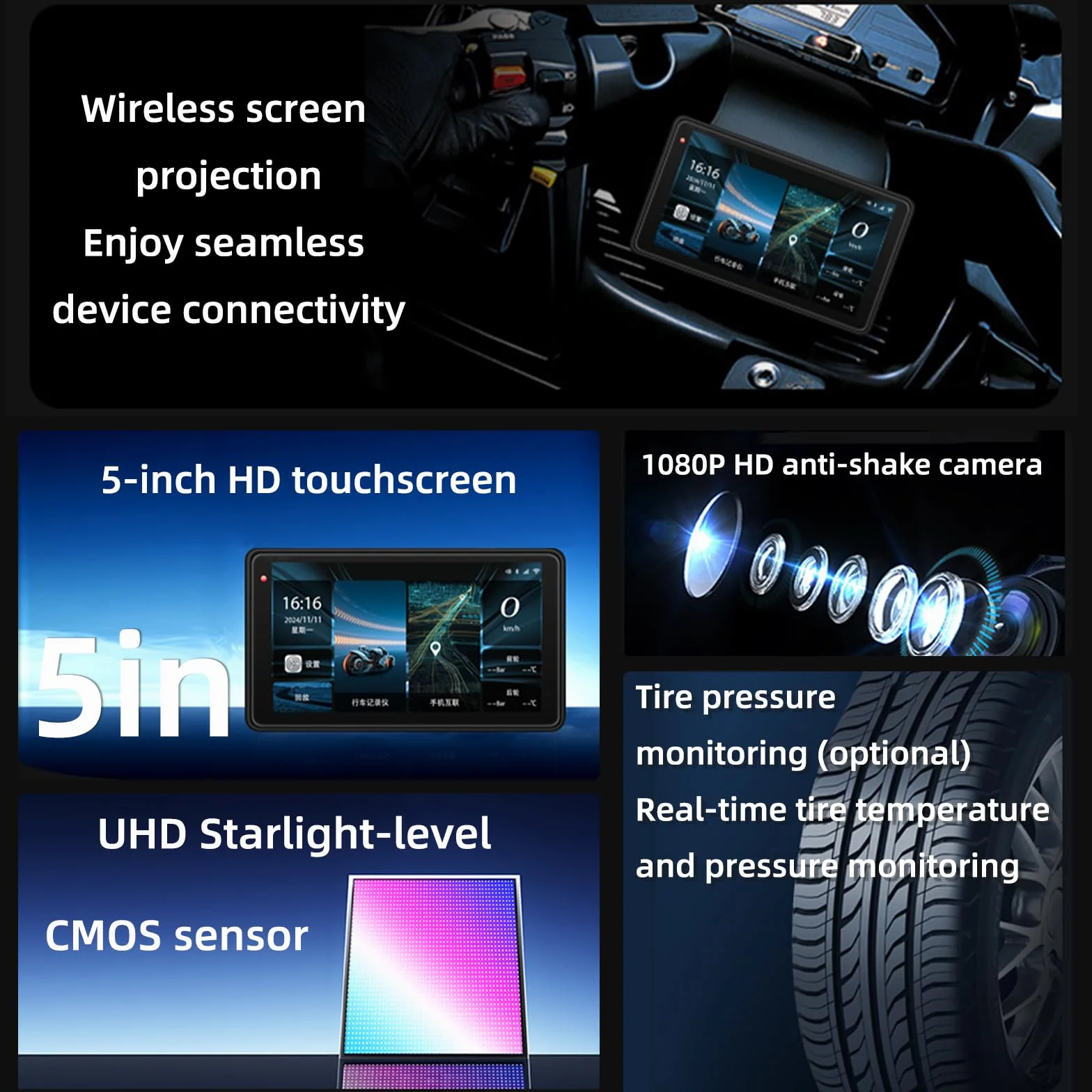Moto Carplay Schermo 5 pollici IP68 Impermeabile Touchscreen GPS Navigazione con Wireless CarPlay Android Auto HD 1080P Dash Cam Bluetooth