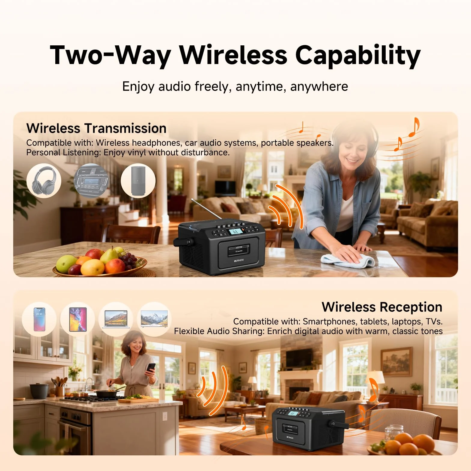 Retekess TR642 Lettore CD Boombox Portatile, Radio con Lettore CD, AM FM Radio, Connettività Wireless, USB/AUX/TF, con Telecomando, Jack per Cuffie, Batterie Ricaricabili, Adatto alle Famiglie