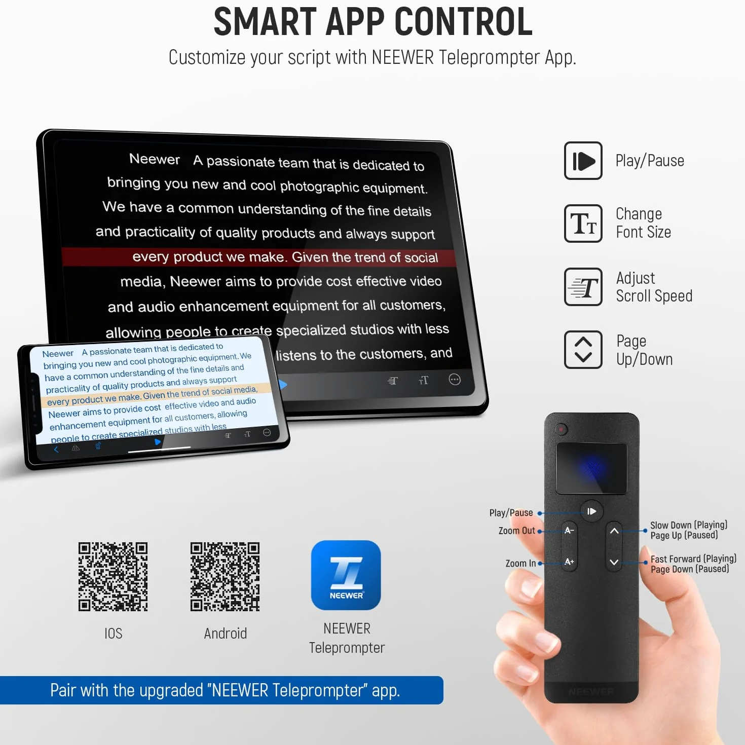 NEEWER Teleprompter X16, Telecomando RT113 e Controllo Tramite App, Beamsplitter 16", Design Pieghevole Lega di Alluminio, Piastra QR Compatibile con 501PL iPad Android Tablet Camcorder, Max:44lb/20kg