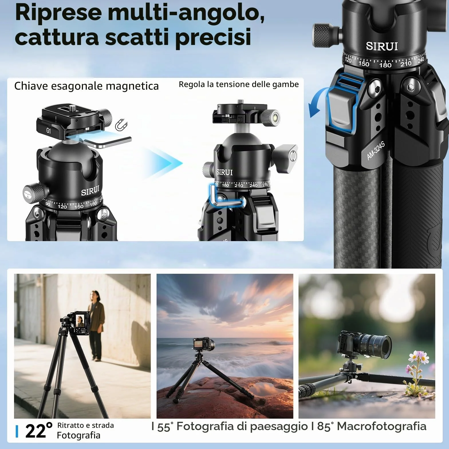 SIRUI Heavy-Duty Treppiede per Fotocamera in Fibra di Carbonio, 152CM Treppiede Professionale con 360° Testa a Sfera a Baricentro Basso, Leggero e Portatile, Carico Fino a 20KG, AM-324S+G1