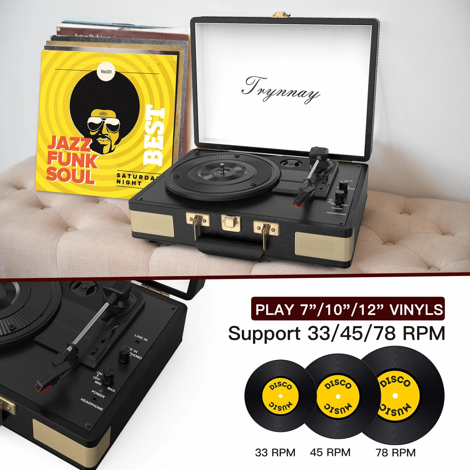 Giradischi a 3 marce portatile in vinile con altoparlanti integrati, pelle PU, nero vintage