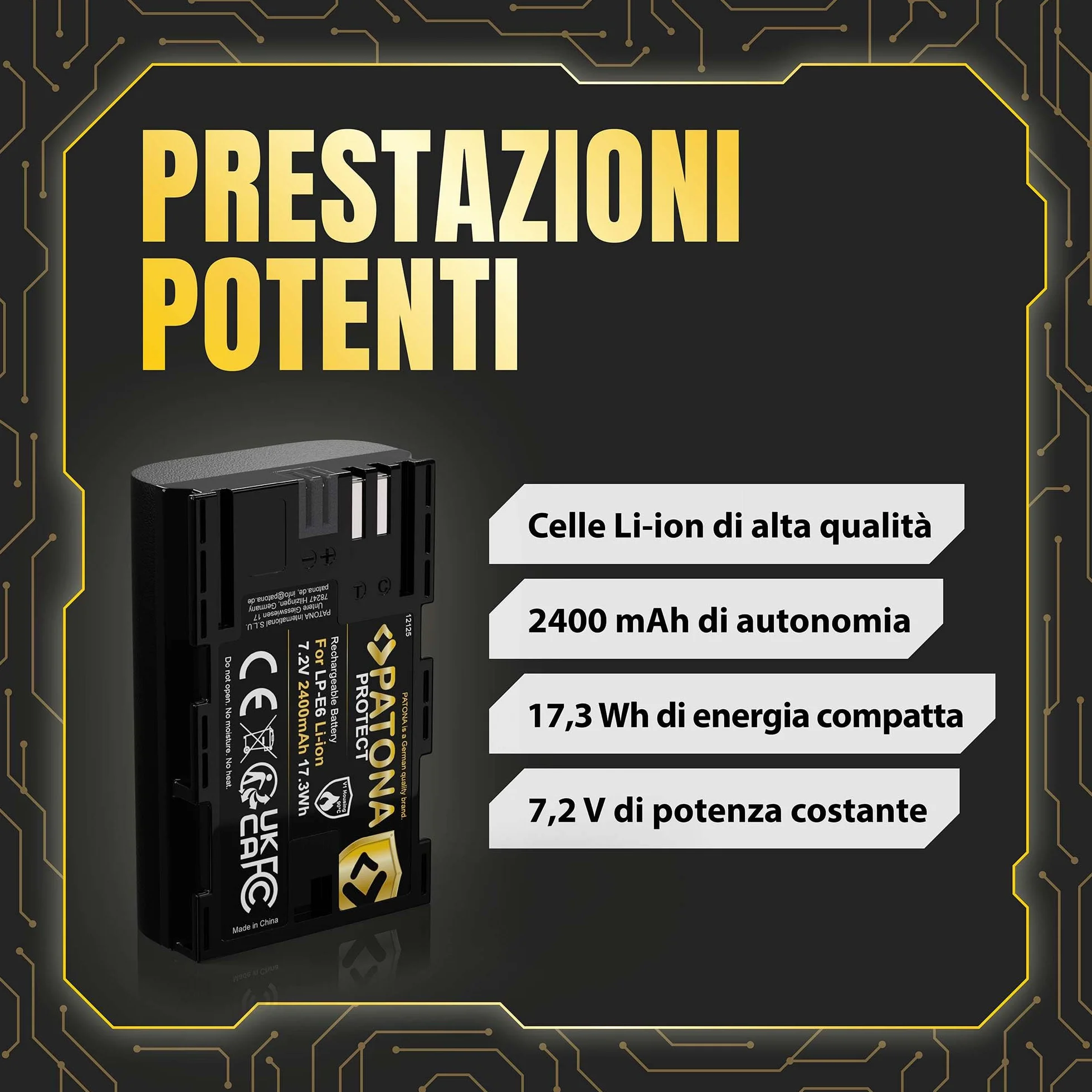 PATONA Protect LP-E6 Batteria 2400mAh – Ricambio per Canon LP-E6 – per EOS 5D Mark II III, 5DS, 6D 7D, 60D 60Da 70D 80D 90D, R R5, XC10 XC15 – con protezione NTC e involucro V1 per uso intensivo