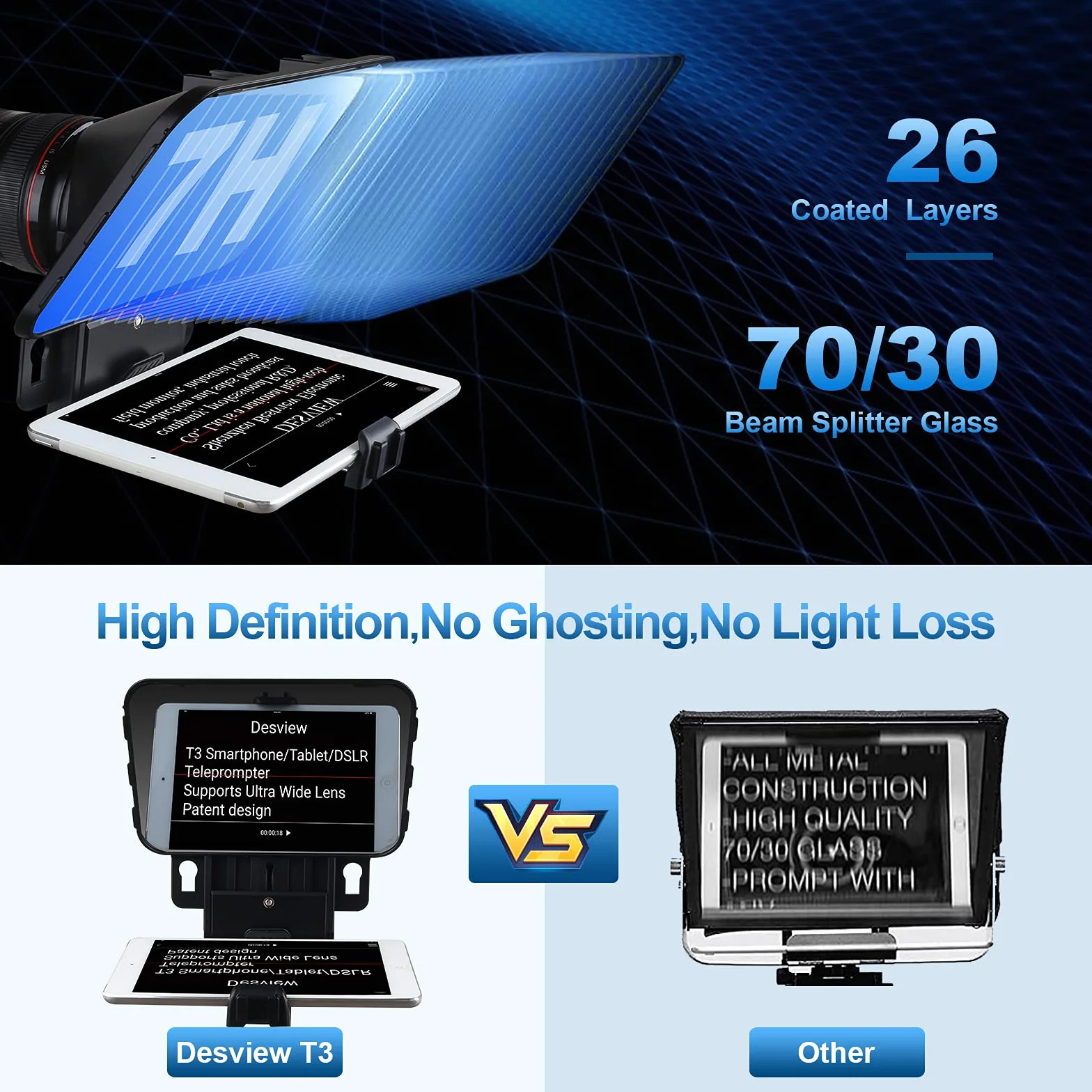Desview T3 Teleprompter per Tablet Smartphone iPad fino a 11 pollici, 70/30 Beam Splitter Vetro, Teleprompter con Telecomando per fotocamera DSLR Obiettivo Grandangolare Registrazione Video