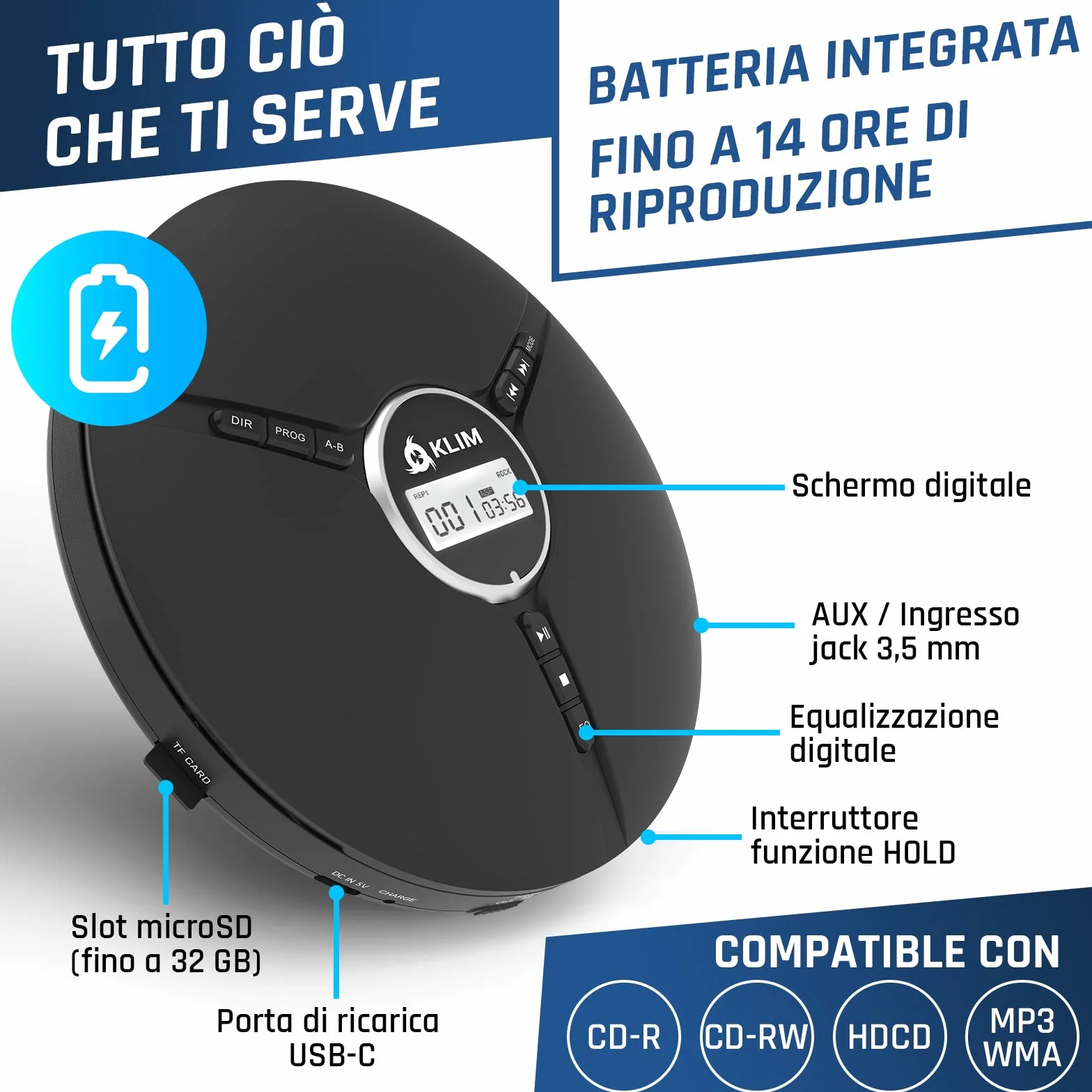 KLIM Discman Lettore CD Portatile con Cuffie e Batteria Ricaricabile CD-R CD-RW MP3