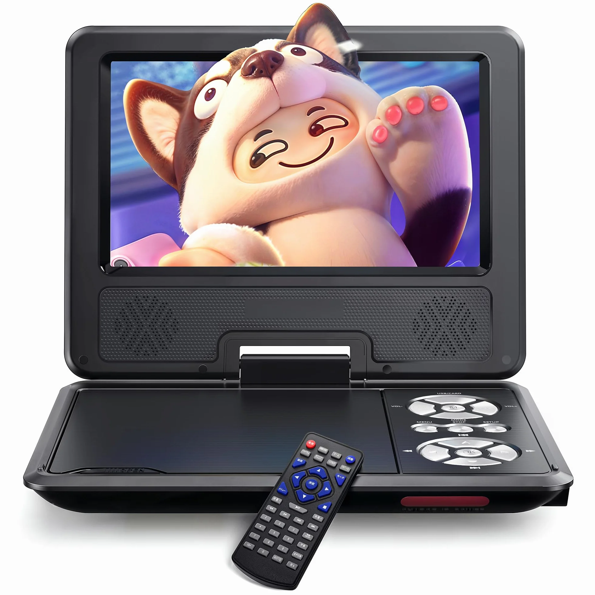 WOLFANG Lettore DVD portatile 9,5" schermo girevole HD 7,5" altoparlanti stereo batteria 6 ore Sync-TV USB SD