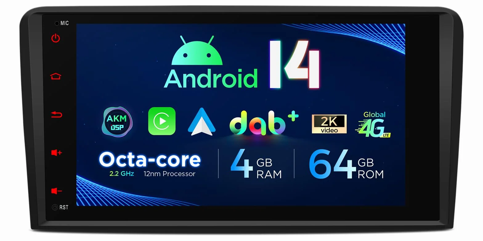 XTRONS Autoradio GPS Android 14 per Audi A3, 4GB RAM + 64GB, WiFi, 4G, DAB+, CarPlay
