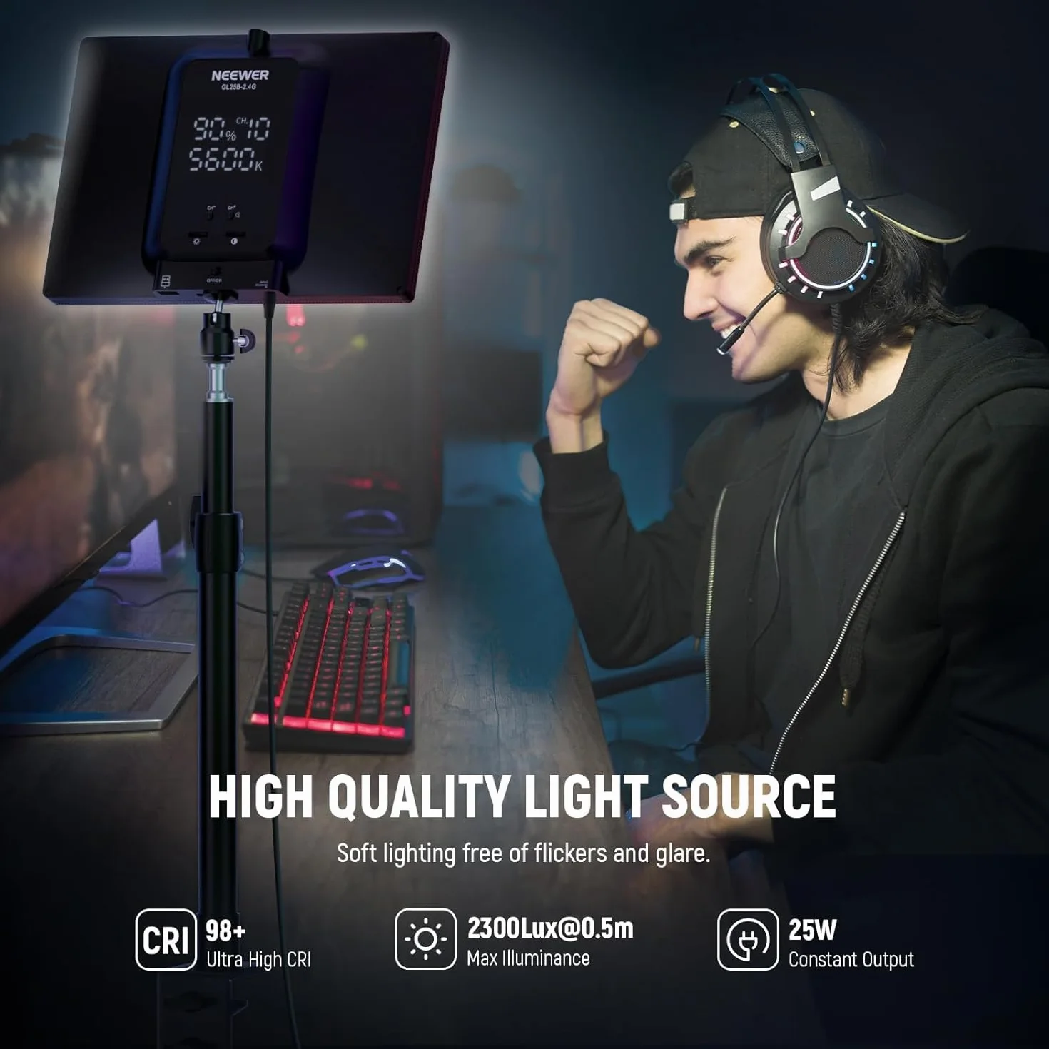NEEWER 25W 12,9" Key Light Streaming con Supporto Tavolo/Remoto 2.4G/Trasmettitore USB Controllo APP PC/Mac 2300Lx/0,5m 2900-7000K CRI98+ Pannello Luce Video Dimmerabile per Webcam Laptop Zoom,GL25B