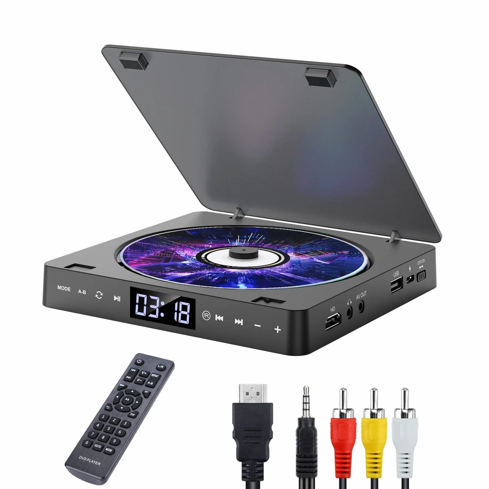 Gueray Lettore DVD per TV Tutte le regioni Free Portatile Mini DVD CD Lettore con HD 1080P HDMI/AV USB/3.5MM AUX Port, Includere Telecomando HDMI & Cavo AV (dvd-708)