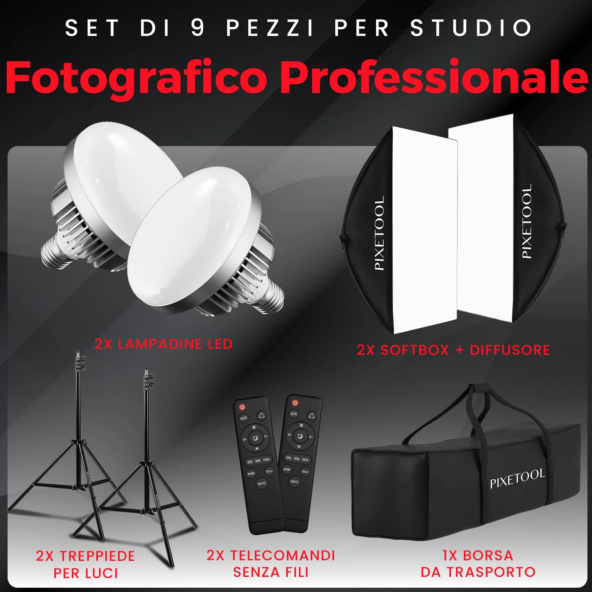 Set Softbox per Studio Fotografico - 2 Softbox 70x50 cm, 2 Luci a LED 4800 Lumen 3000-6000K - Luce Fotografica - Kit di Illuminazione – Lampada Fotografica