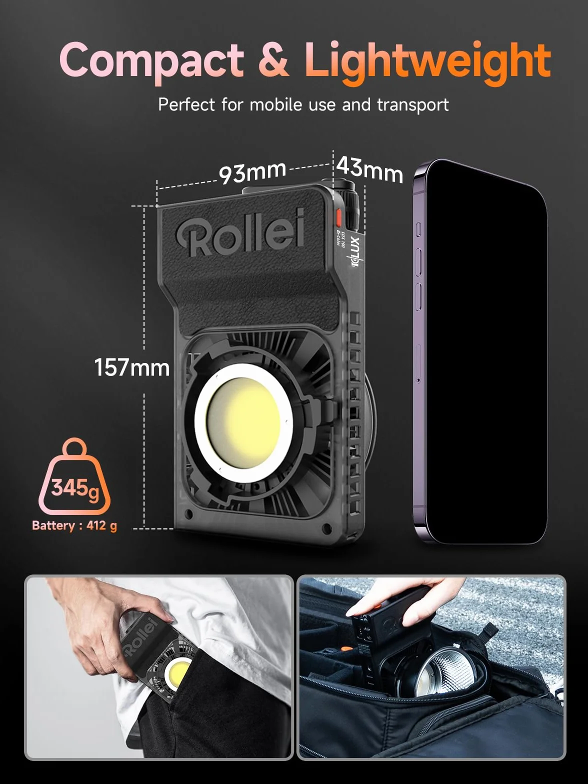 Faretto Fotografia, Rollei LUX 100W Luce Video Professionale Portatile 345 g DC/Tipo C con APP Candela per Registrare Video Intervista Live Streaming, Faretto-LED-Luce-Fotografia-Video