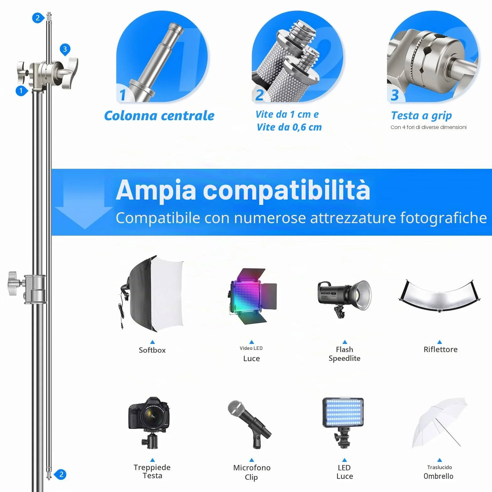 NEEWER Pro 100% Acciaio Inossidabile Heavy Duty C Stand con Braccio Braccio, Altezza Massima 10.5ft/320cm Supporto Luce per Fotografia con 4.2ft/128cm Braccio, 2 Grip Head per Studio Monolight
