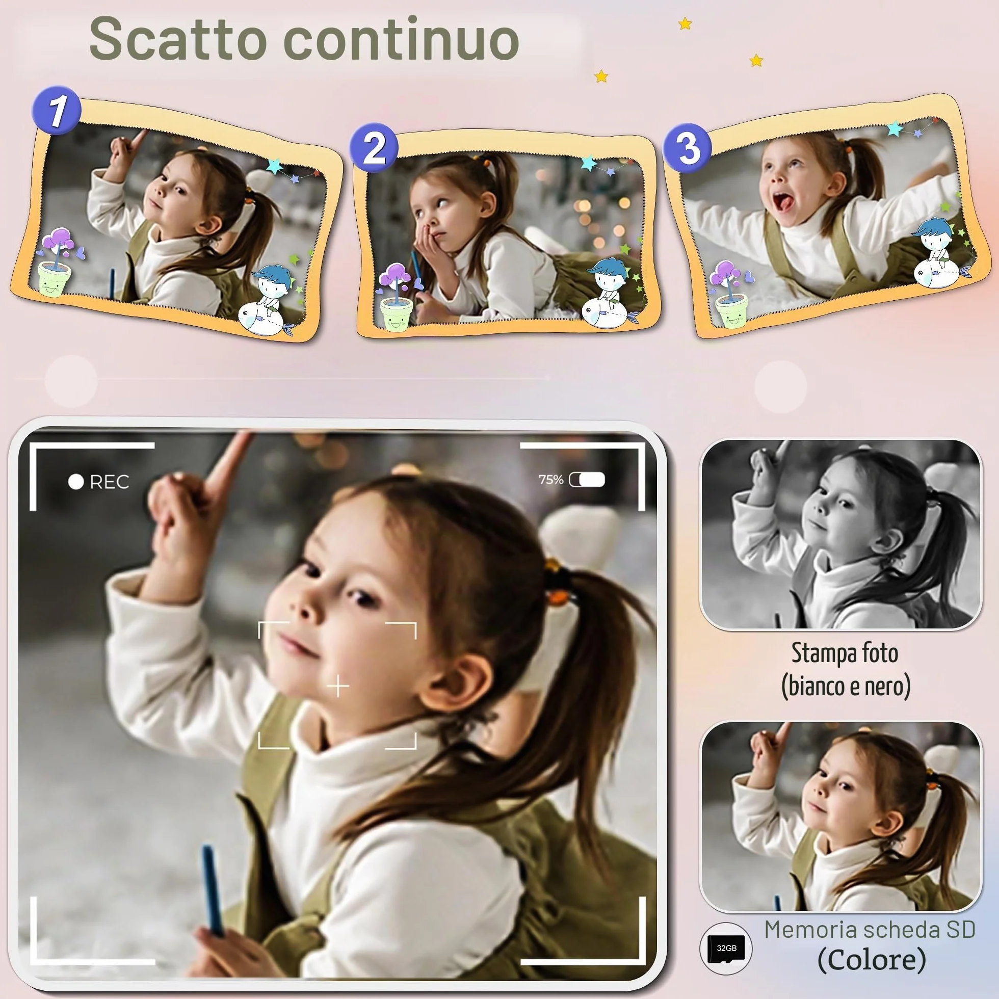 GKTZ Macchina Fotografica Bambini Istantanea - 1080P HD Digitale Fotocamera Stampa, Giocattolo con 32GB Scheda e 3 Rotoli di Carta Fotografica, Regali di Compleanno per Bambine di 4-12 Anni, Viola