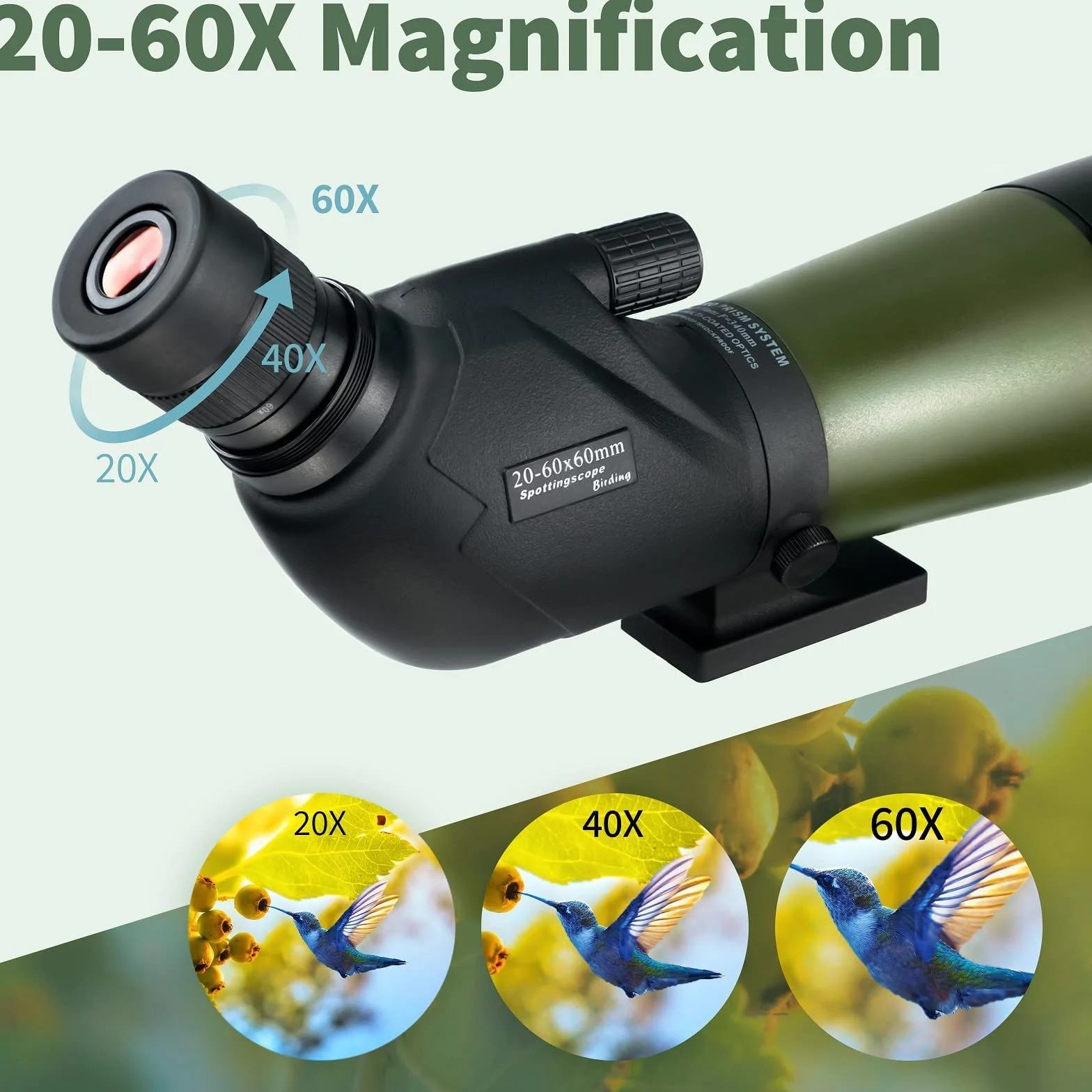Gosky 20-60x, 60 mm - Cannocchiale con treppiede, borsa da trasporto e adattatore per telefono, oculare BAK4 ad angolo di 45°, per tiro al bersaglio, caccia, osservazione degli uccelli