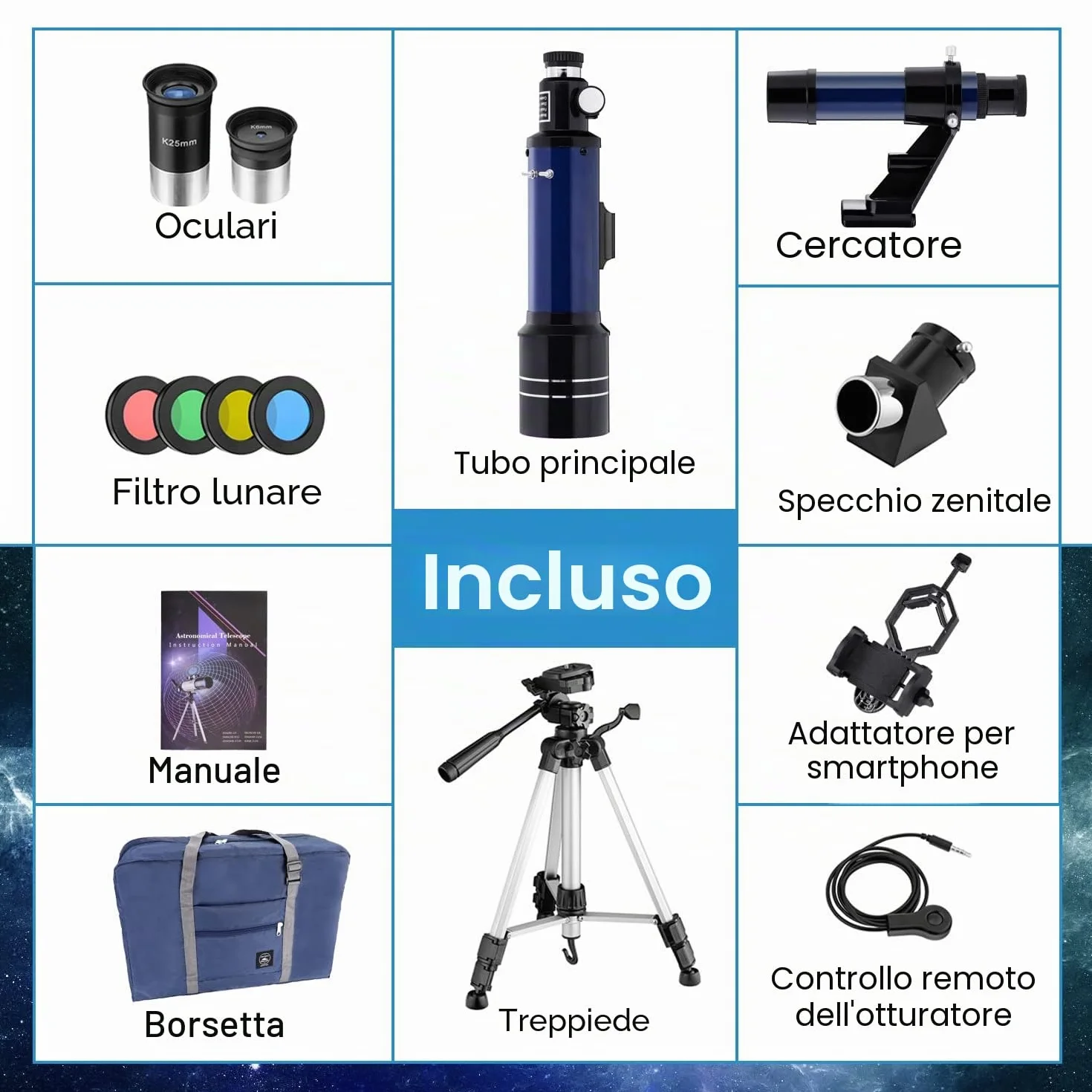 Telescopio Astronomico 70/400 per Bambini e Adulti Principianti, Riflettore con Treppiede Regolabile, Adattatore Smartphone, Oculari K6mm K25mm, Filtri Lunari, Zaino Portatile