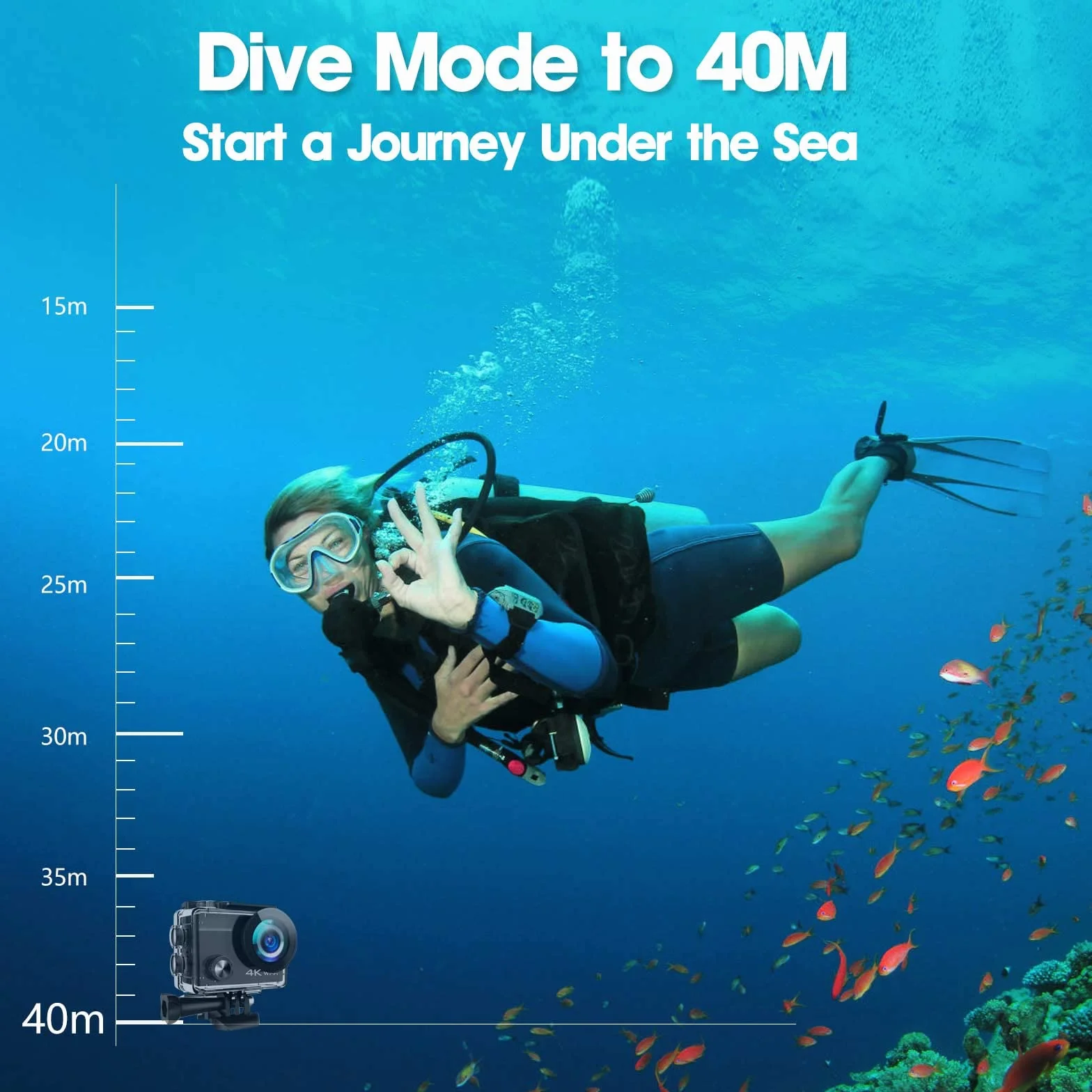 Action Cam 4K, videocamera subacquea da 20MP 50FPS Wi-Fi 40M con schermo touch screen IPS da 2", grandangolo Ultra HD 170°, telecomando, 2 batterie ricaricabili