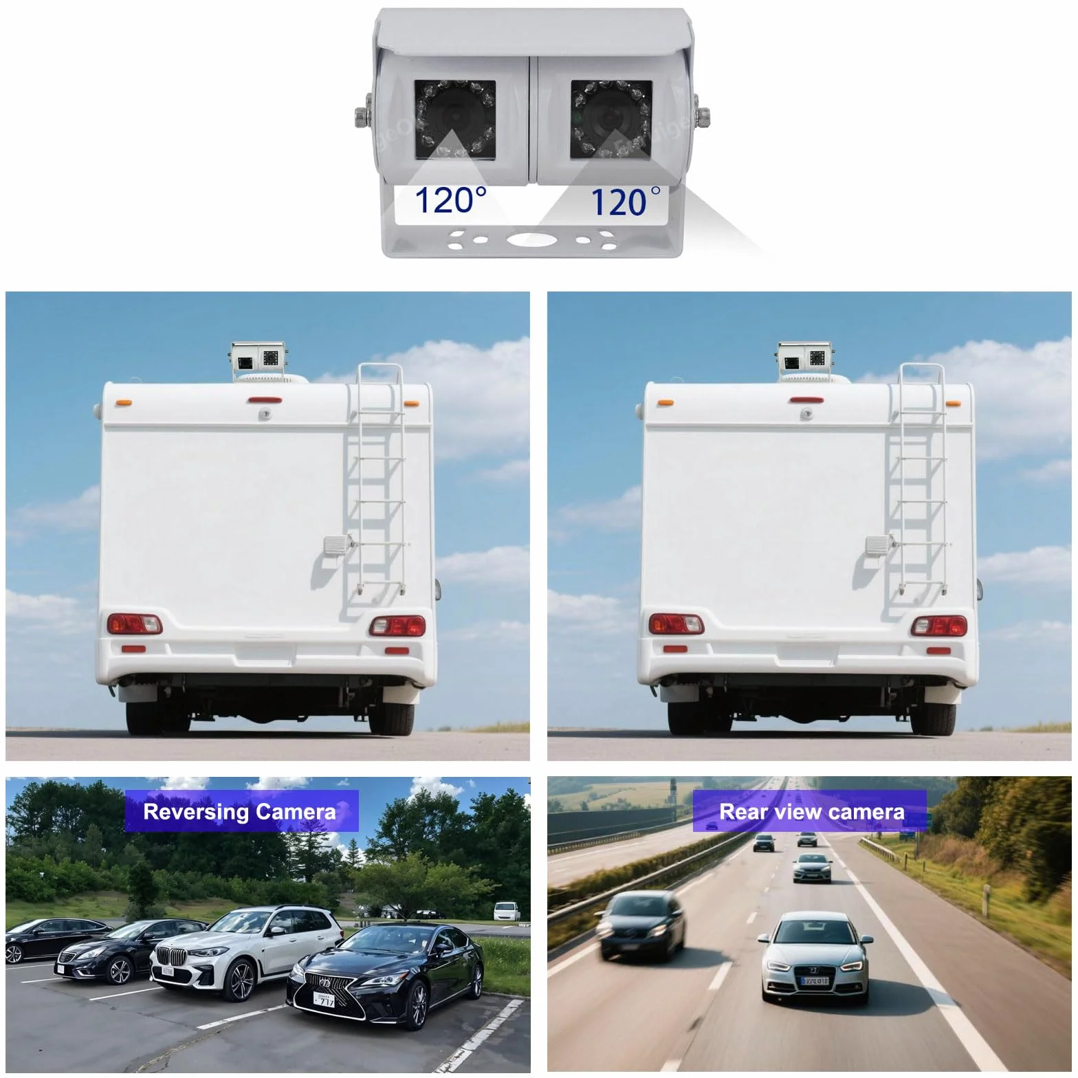 Telecamera di ritorno a 4 poli bianca con monitor da 7 pollici, visione notturna, impermeabile, per camper, camion, carovana, 12 V-24 V