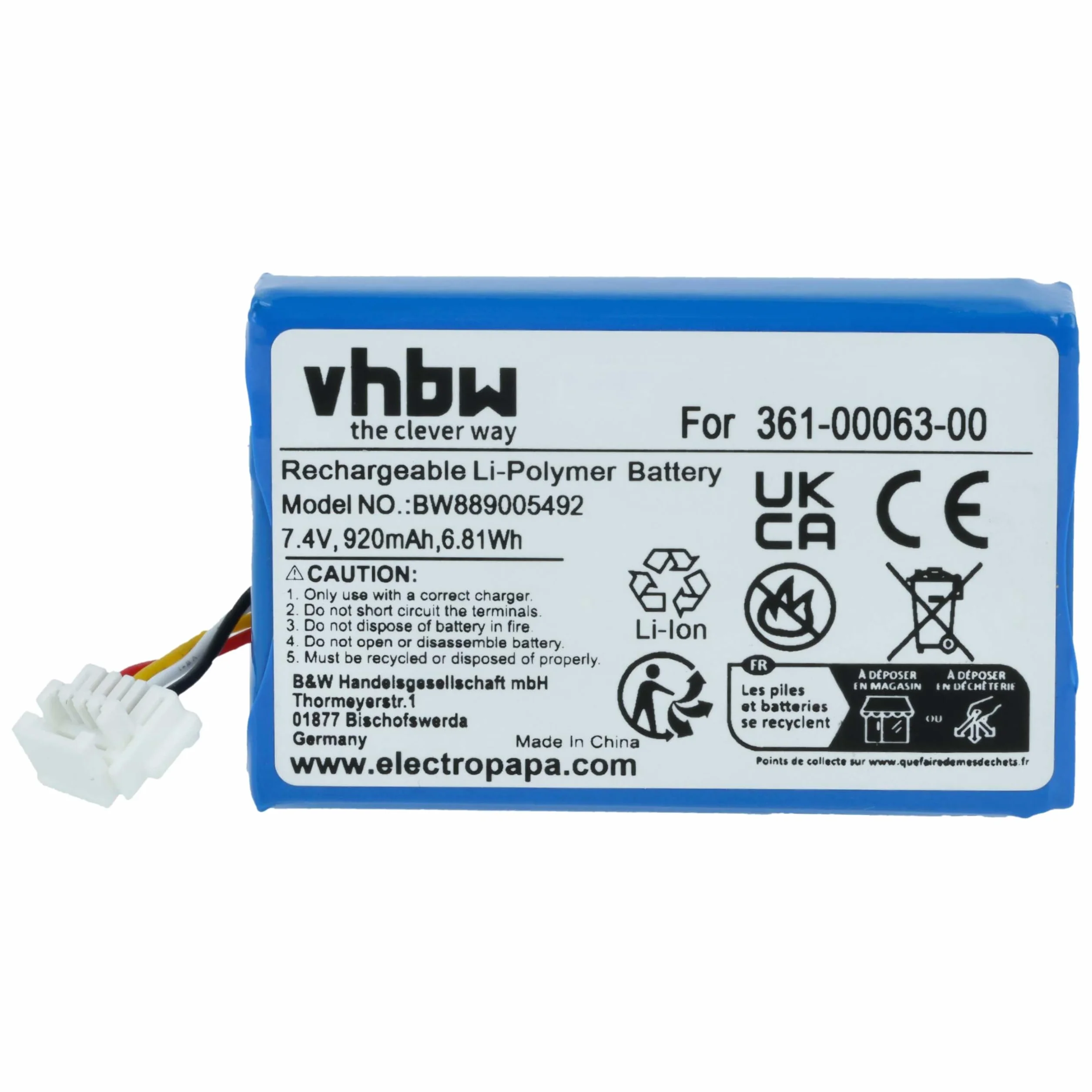 vhbw batteria sostituisce Garmin 361-00063-00 per navigatore GPS (920mAh, 7,4V, Li-Poly)