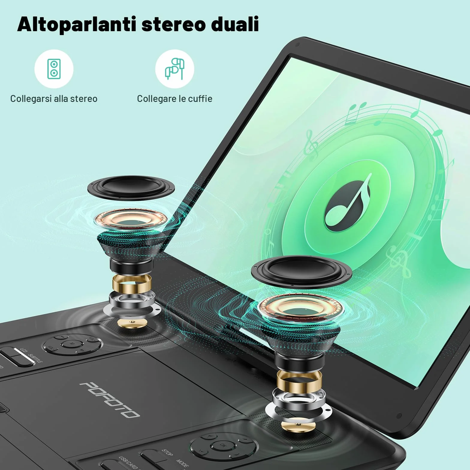 Lettore DVD Portatile 17,5" Schermo Rotante HD 15,6" Autonomia 6 Ore USB SD Sync TV Antishock Nero