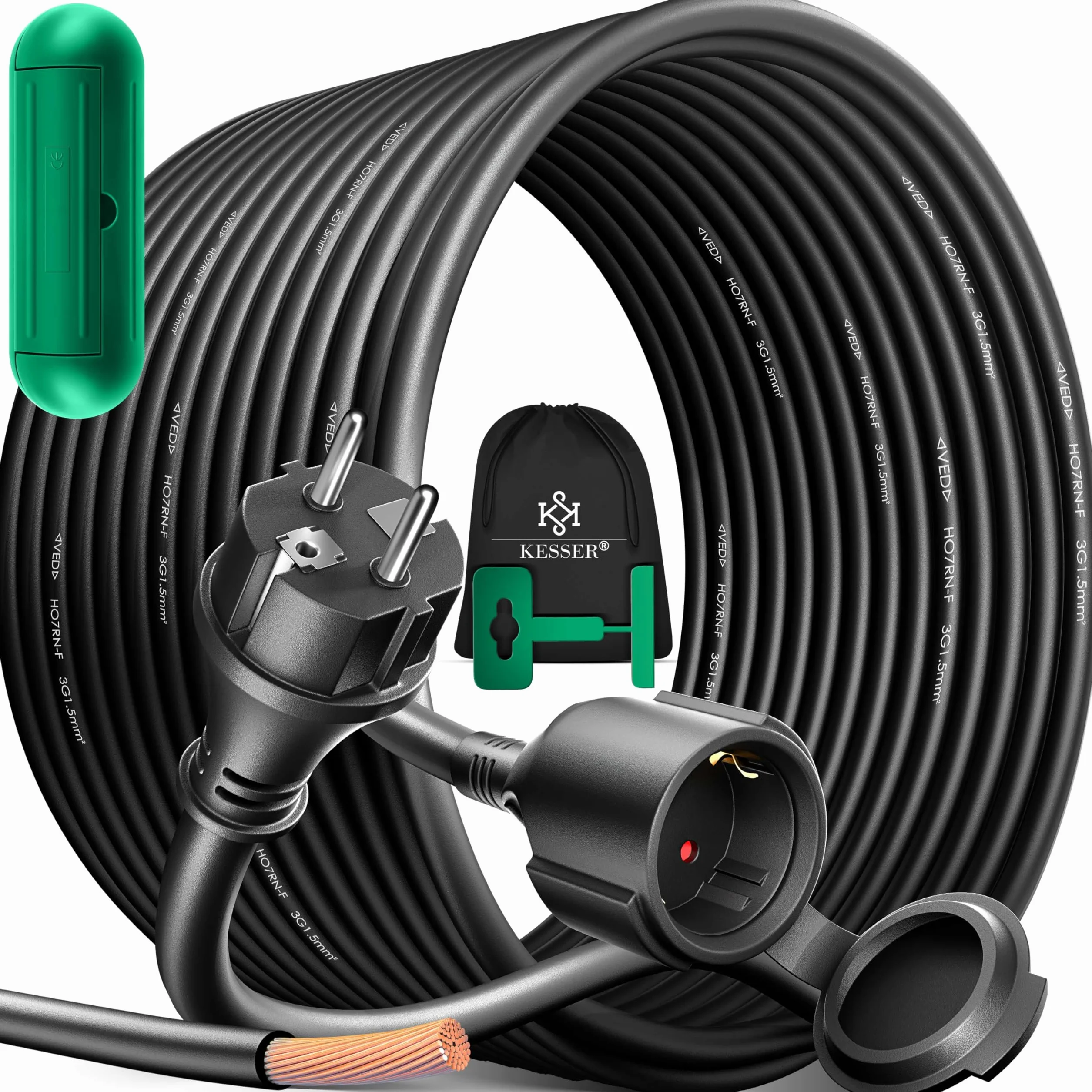 KESSER® Cavo di prolunga da 50 m con tappo protettivo per esterni, per interni ed esterni, prolunga cavo di alimentazione, 230 V, IP44, con spina Schuko, contatto di protezione, cavo da cantiere,
