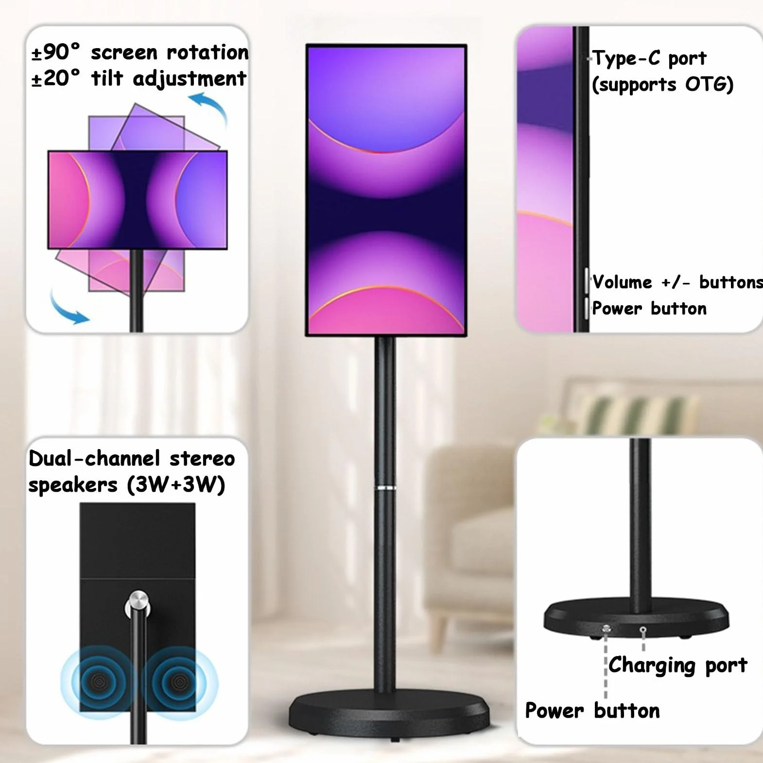 Smart TV Portatile FHD da 21,5 Pollici, operativo Android 14, TV Mobile su Ruote con Touch Screen Girevole, Batteria Integrata da 6000 mAh, Rotazione Completa Black-4+64G