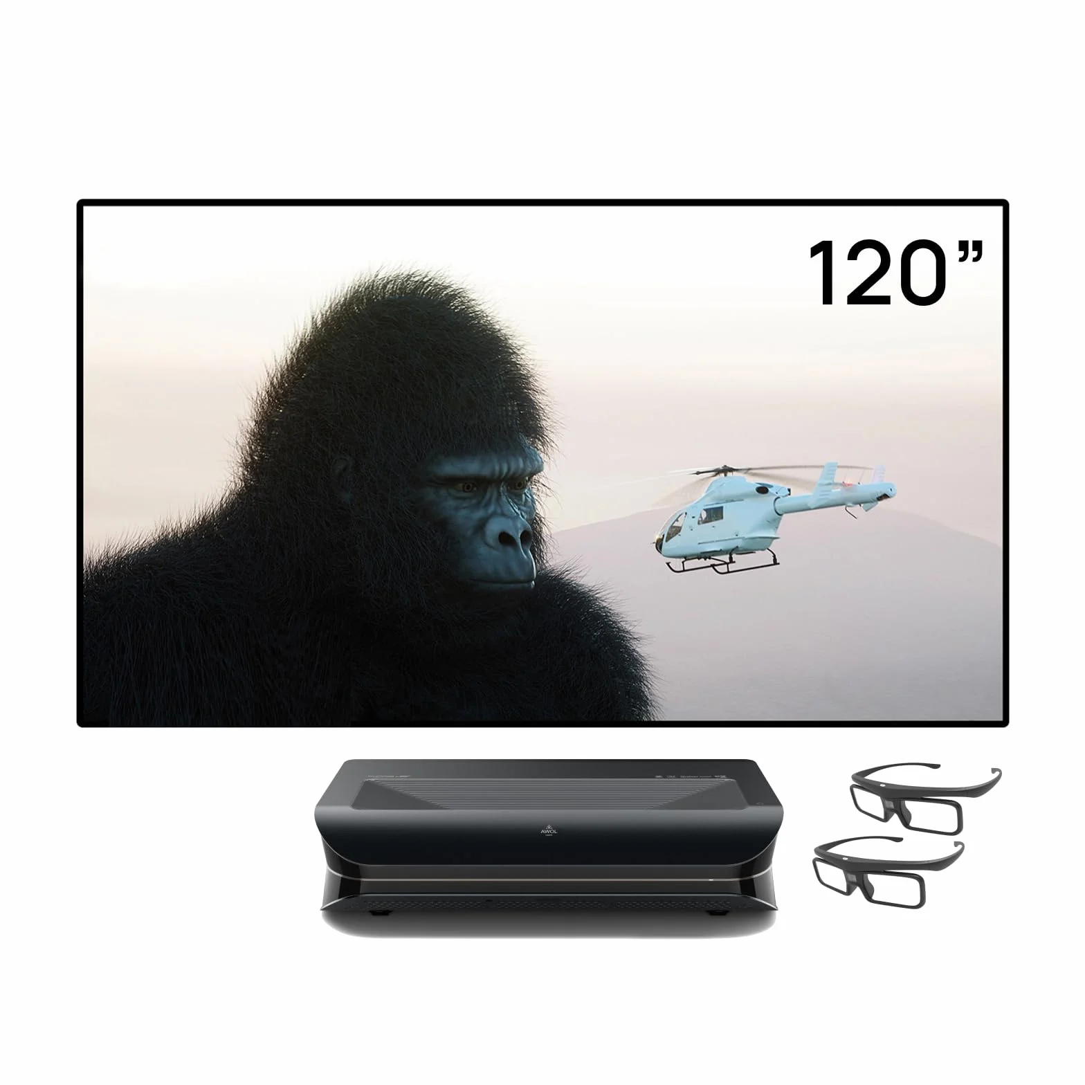 AWOL VISION LTV-3000 Pro Bundle con tela bianca opaca da 100" e occhiali 3D (confezione da 2), 4K UHD HDR10+ Dolby Vision & Atmos Ultra-Short-Throw Proiettore laser triplo (LTV-2500 + MW-120+DG-002)