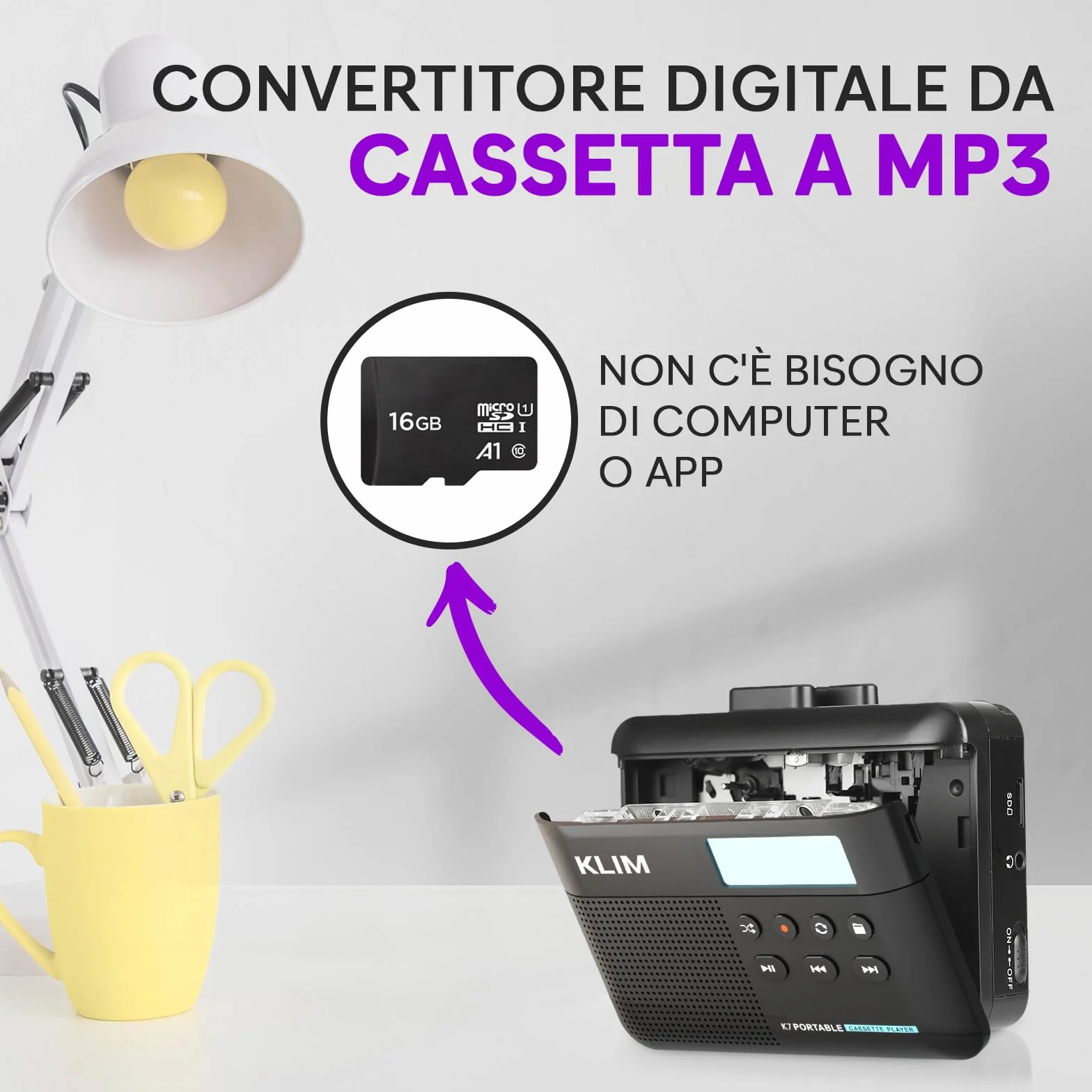 Fusion K7 Cassette Player Convertitore MP3 Portatile con Auricolari, Microfono, Altoparlante, Batteria Ricaricabile, Scheda SD 16GB, Nero